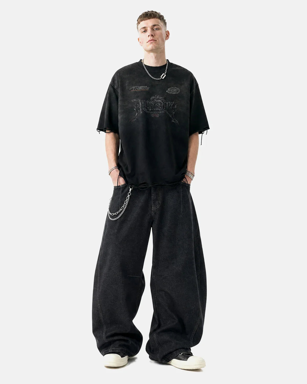 INFLATION Monkey Washed Distressed T-Shirt with graphic design, casual streetwear style, worn-in distressed fabric, front view.