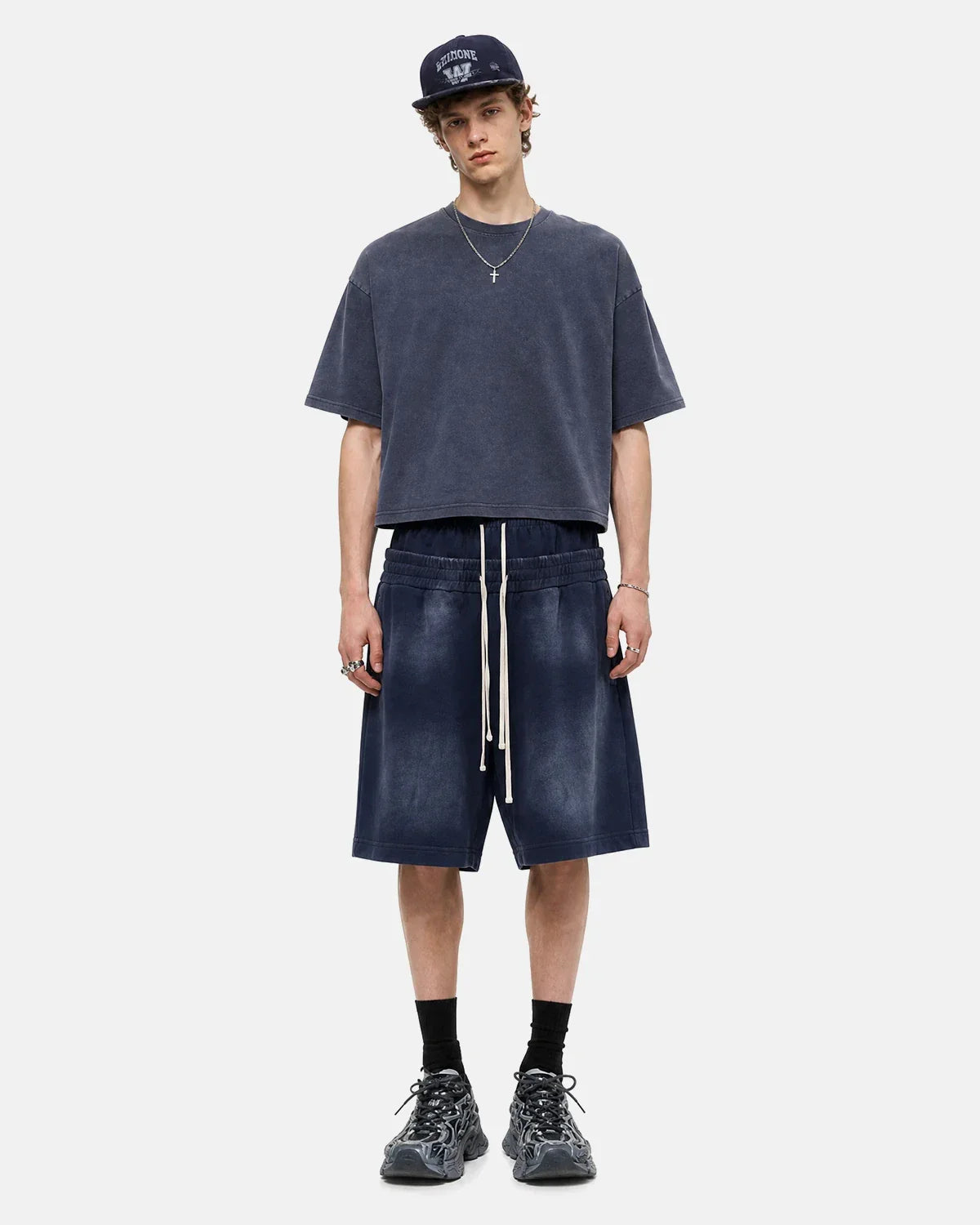 Inflation Streetwear Double Waist Monkey Wash Sweat Shorts, casual black shorts with double waistband detail and relaxed fit.