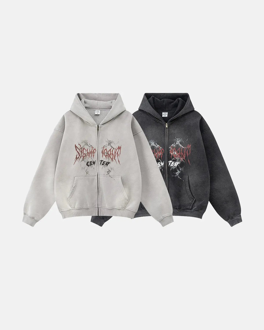 Flation Washed Graphic Zip Up Hoodie featuring a relaxed fit, washed fabric, and bold graphic design on the front.