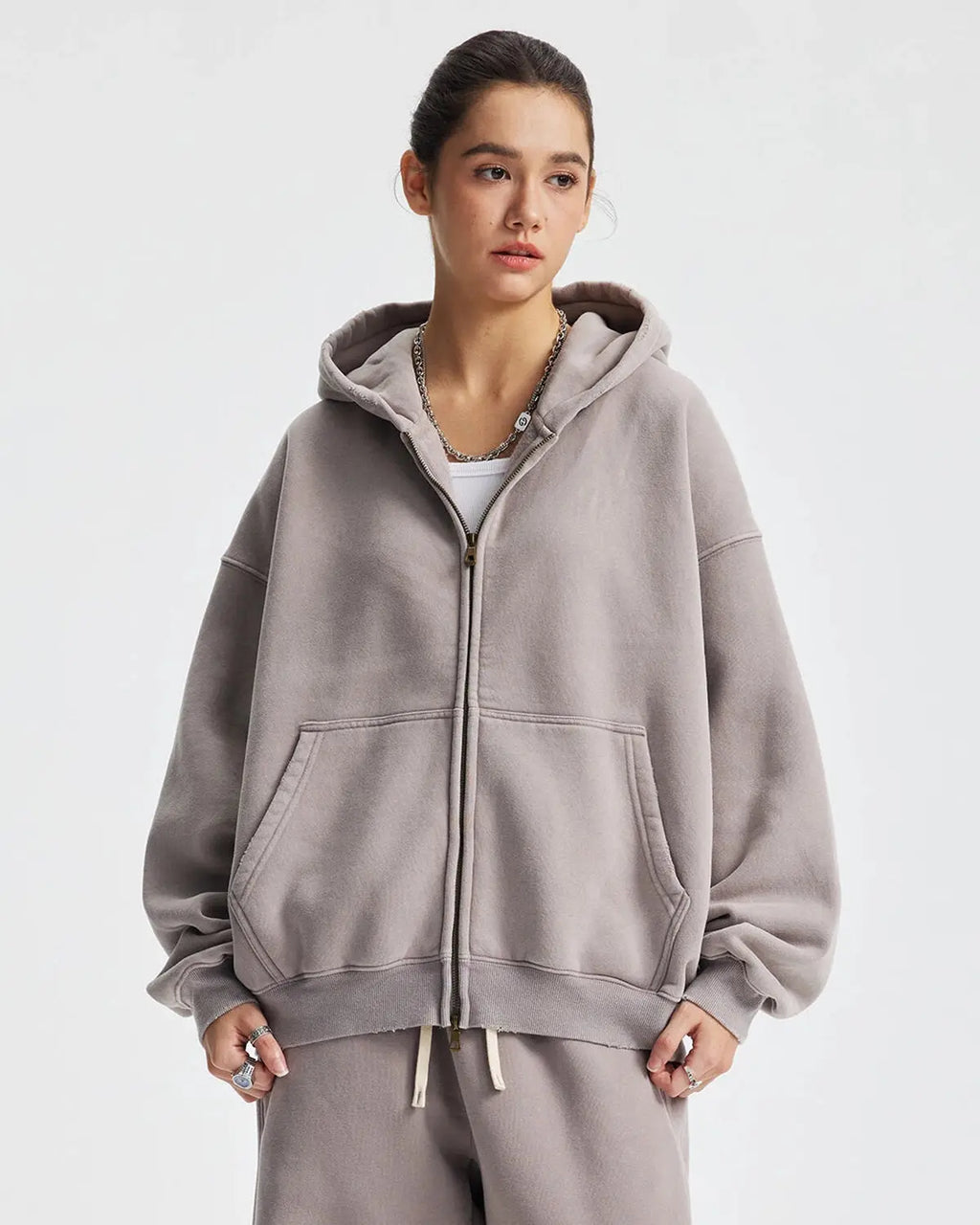 Boxy fit acid washed fleece zip-up hoodie by Flation Streetwear, featuring a relaxed fit and distressed acid wash design.