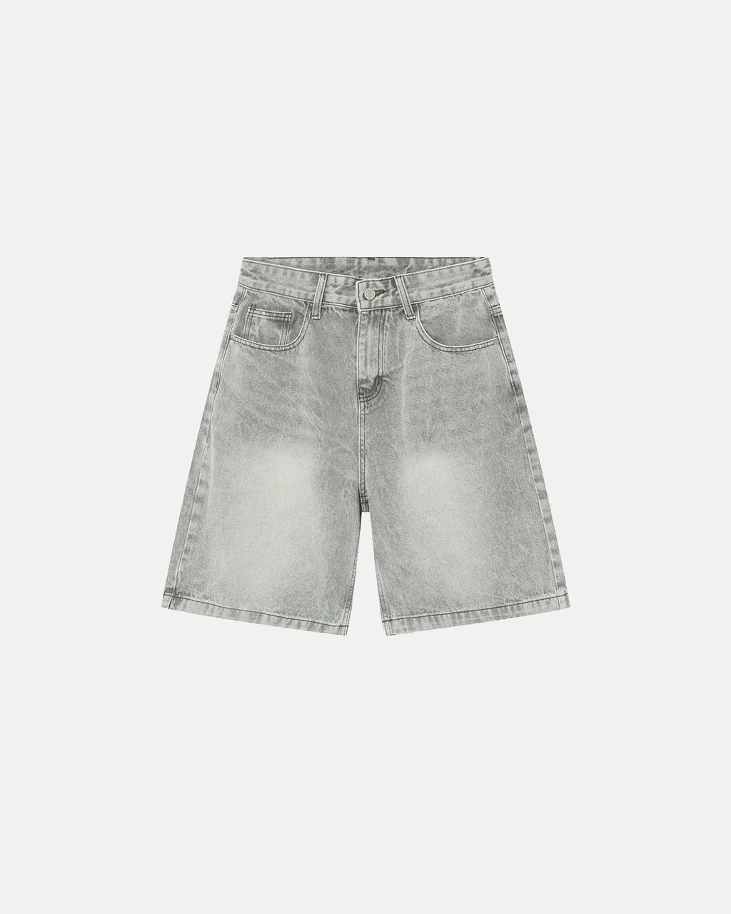 Washed knee-length denim jorts by INFLATION, stylish casual pants with frayed hems and classic blue denim look.