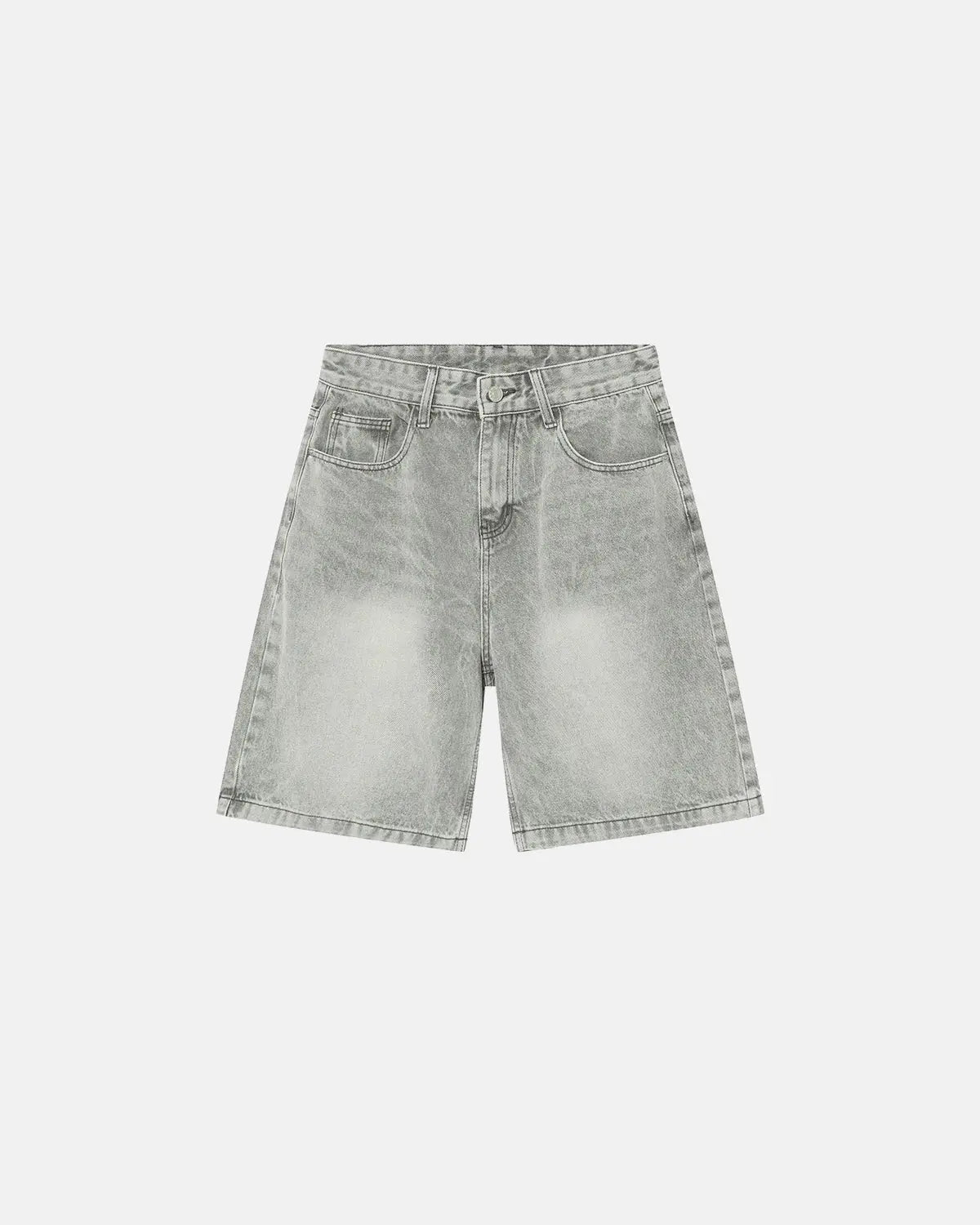 Washed knee-length denim jorts by INFLATION, stylish casual pants with frayed hems and classic blue denim look.