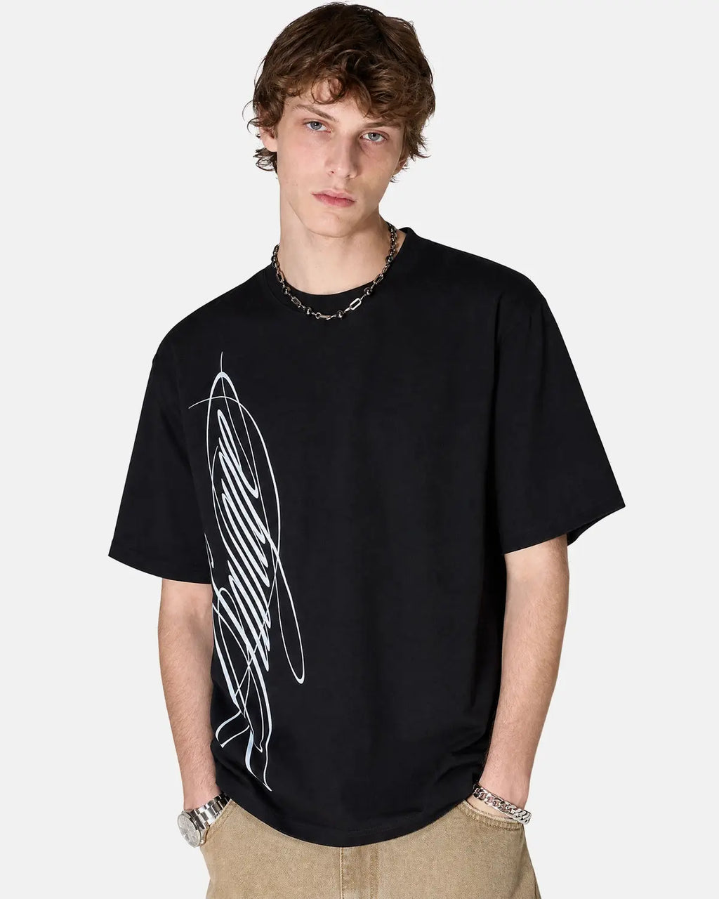 Inflation Streetwear script graphic oversized T-shirt in black, featuring bold white text and relaxed fit for casual street style.