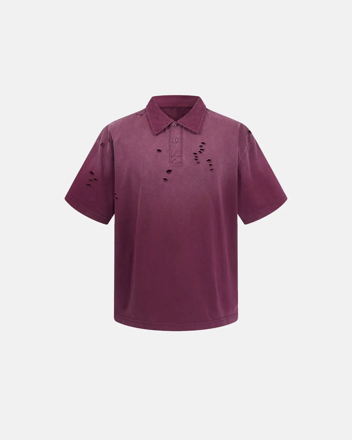 Distressed washed polo shirt by INFLATION with ripped details and vintage style, casual streetwear look.