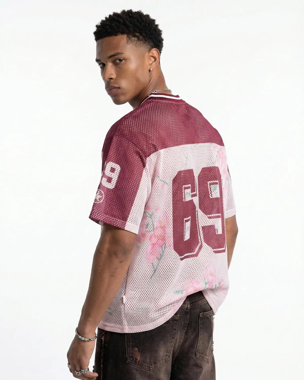 Inflation streetwear floral digital print mesh jersey showcasing vibrant floral patterns and lightweight, breathable fabric.