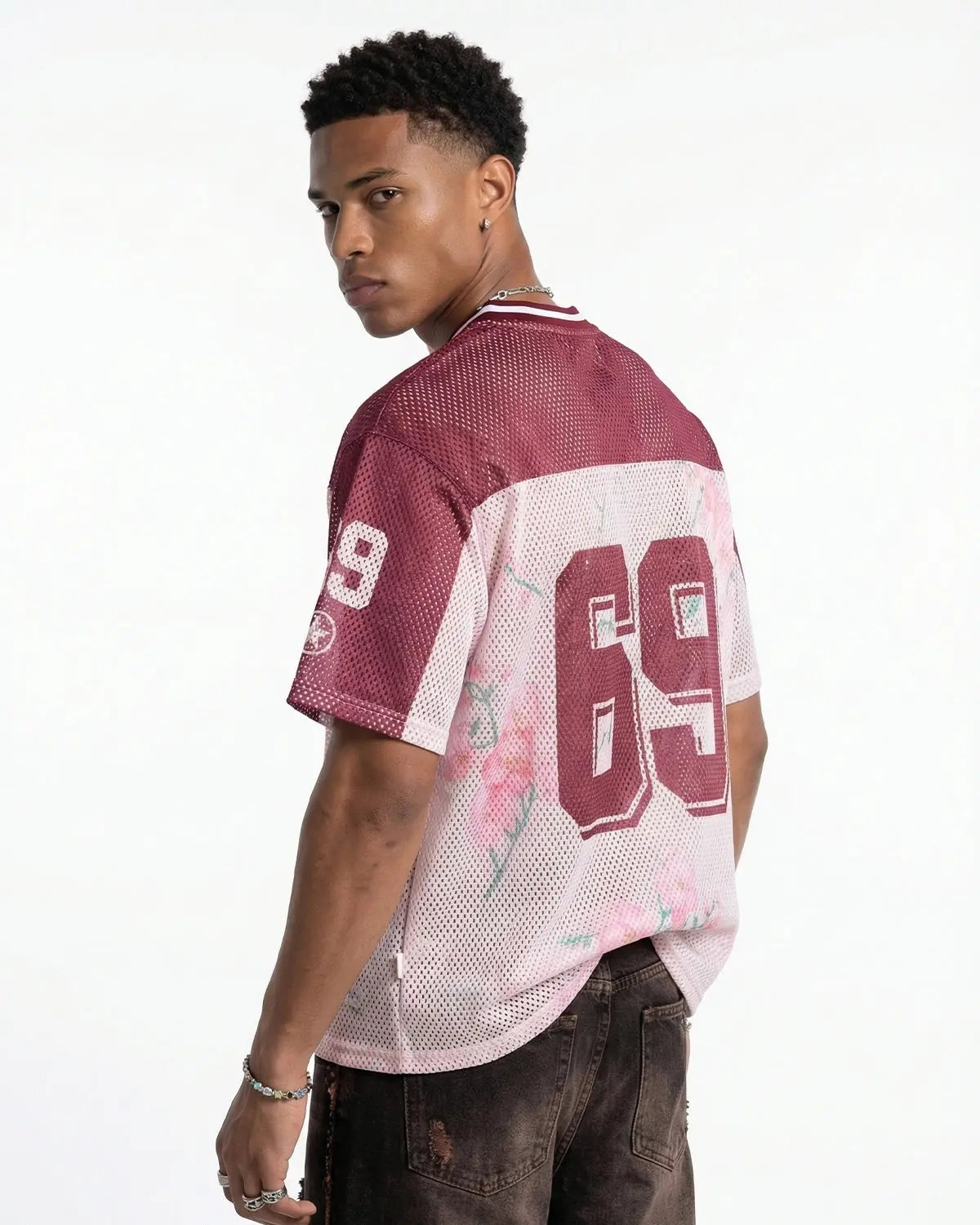 Inflation streetwear floral digital print mesh jersey showcasing vibrant floral patterns and lightweight, breathable fabric.
