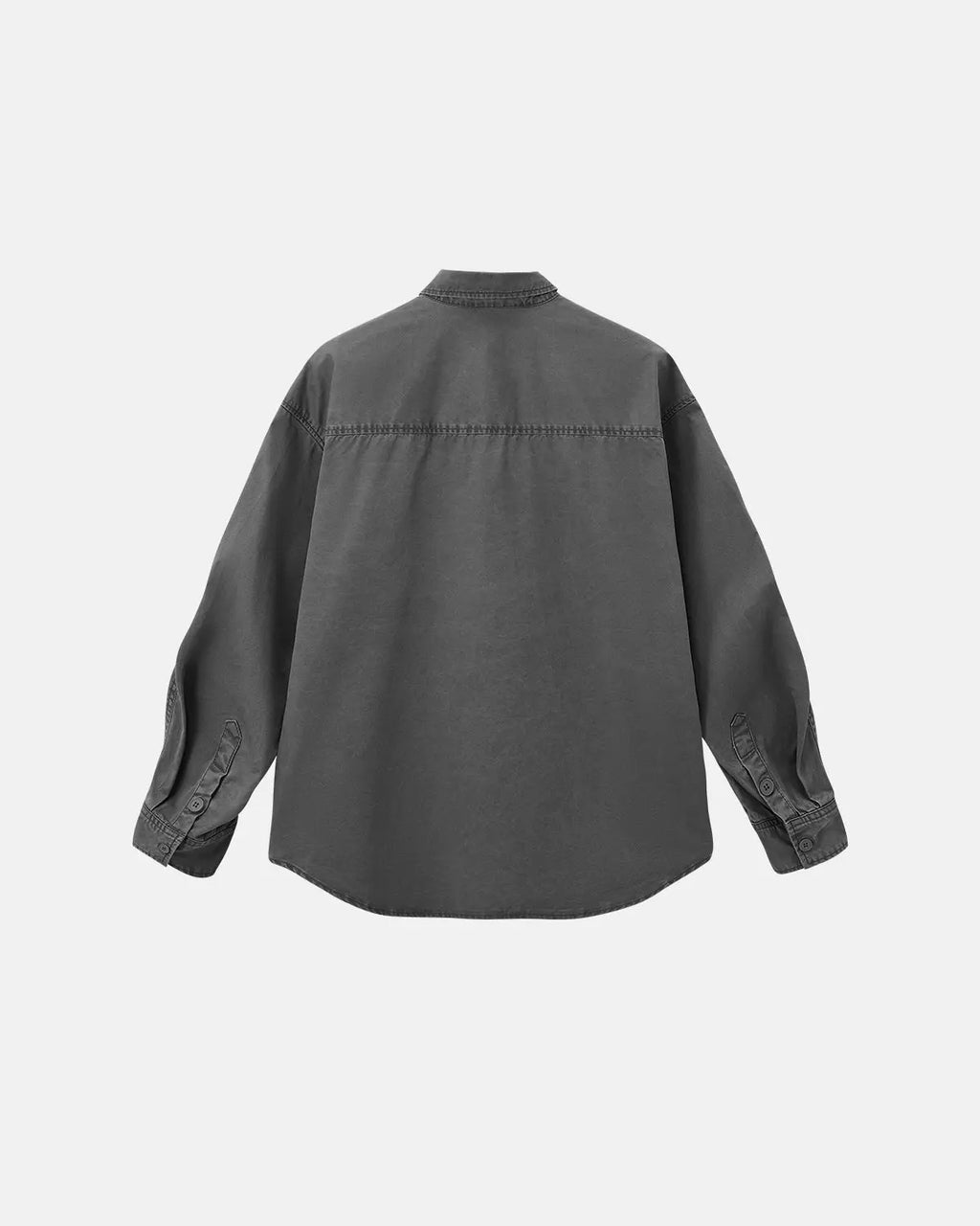 Acid wash cargo shirt jacket by Flation featuring multiple front pockets, relaxed fit, and streetwear style on a model.