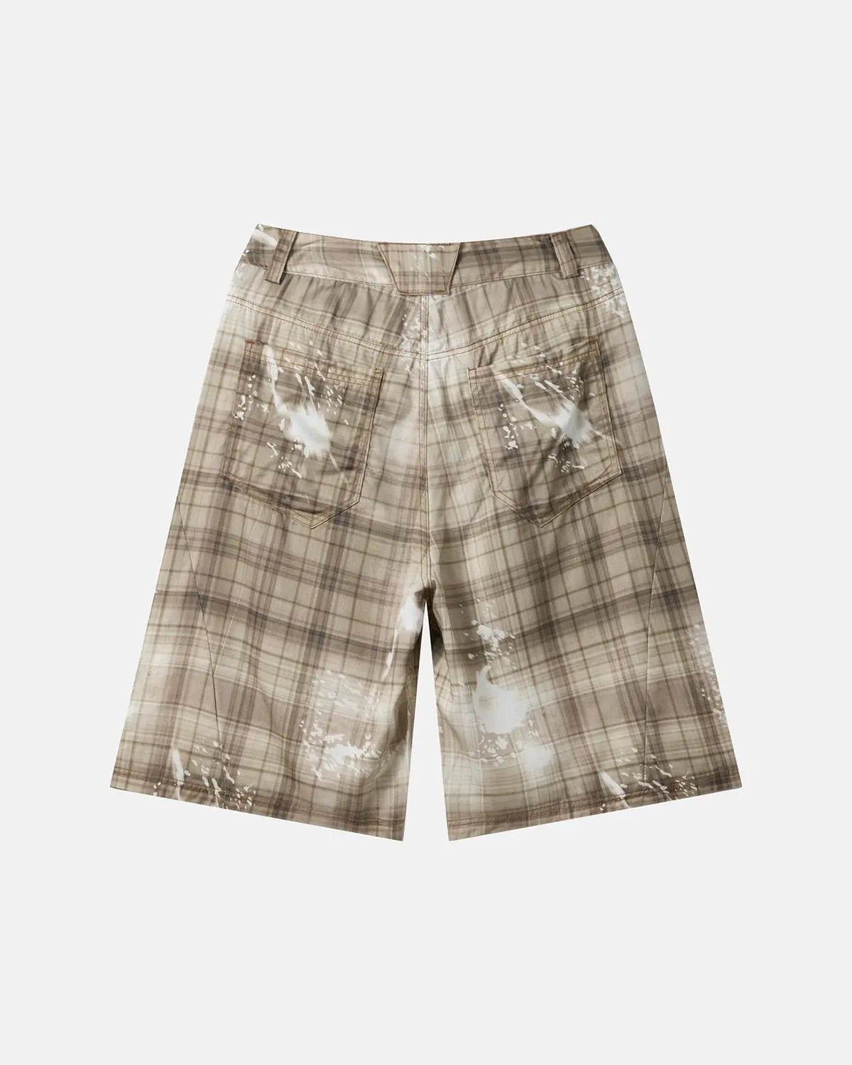 Inflation streetwear Tencel washed plaid print longline shorts, casual pants with a relaxed fit and stylish plaid pattern.