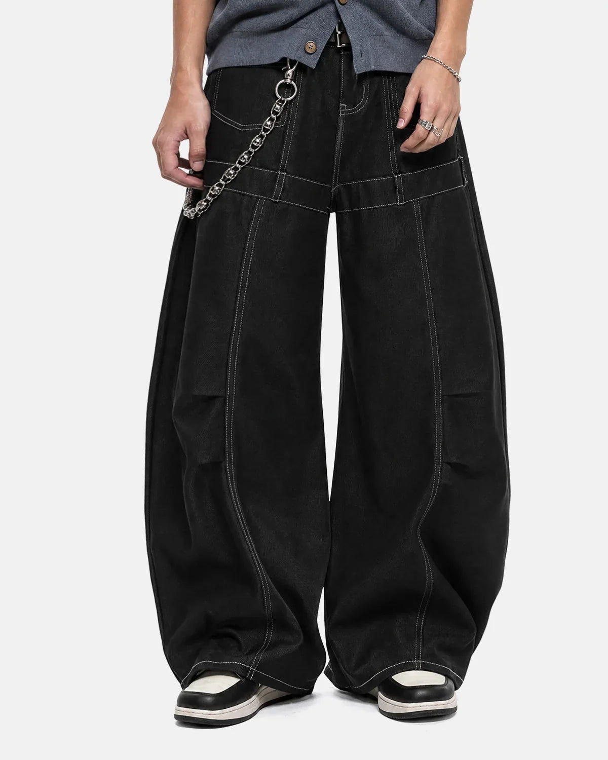 Inflation Contrast Stitch Baggy Barrel Jeans with relaxed fit, featuring bold contrast stitching and a stylish streetwear design.