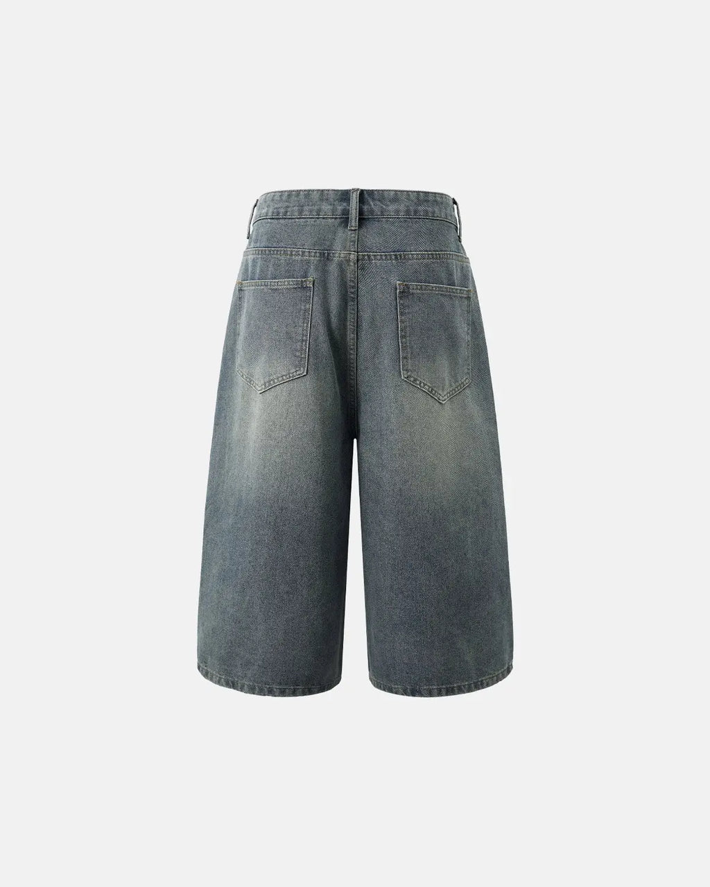 Washed baggy longline jorts pants by Flation Streetwear with distressed denim and relaxed fit, displayed on a neutral background.