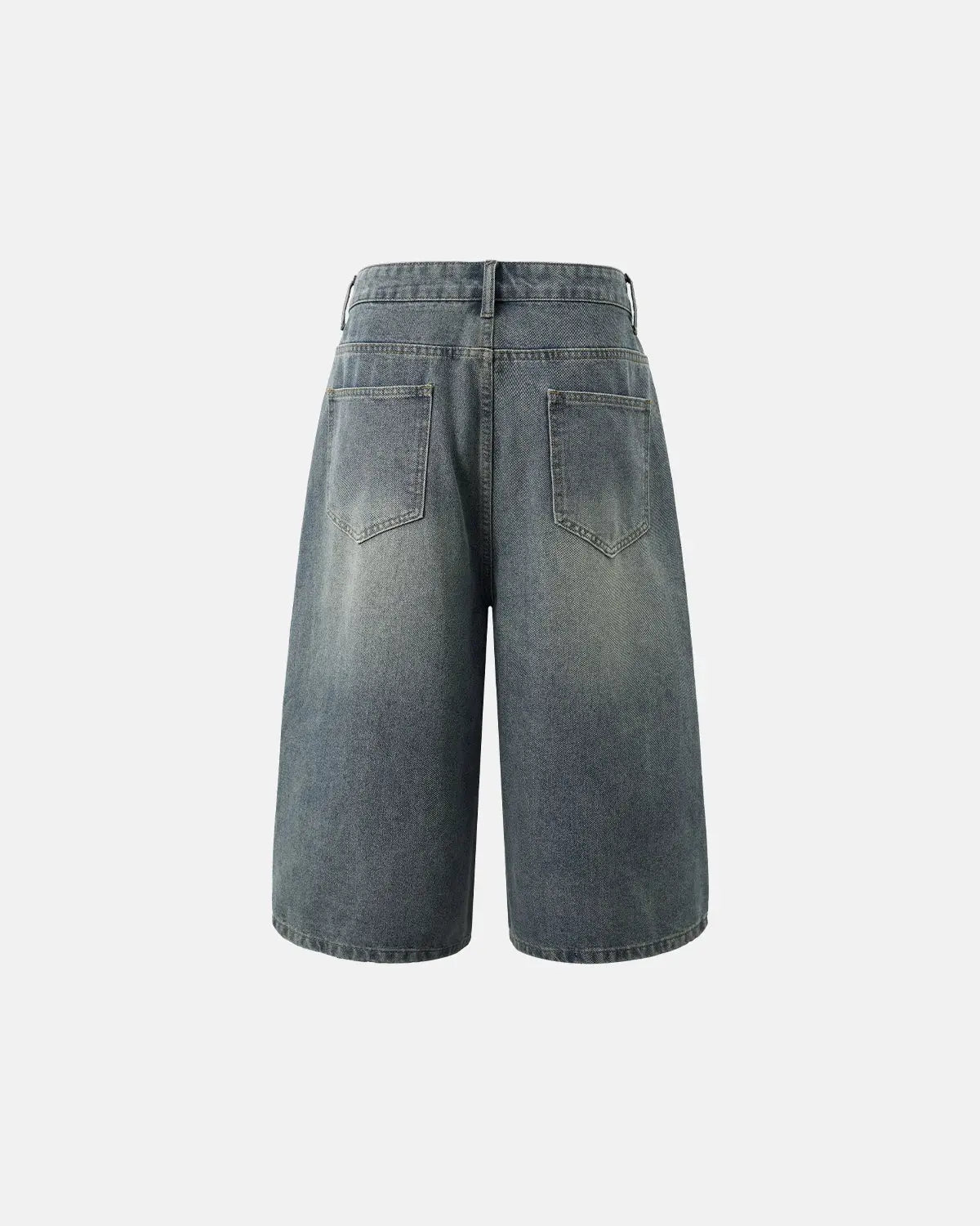 Washed baggy longline jorts pants by Flation Streetwear with distressed denim and relaxed fit, displayed on a neutral background.