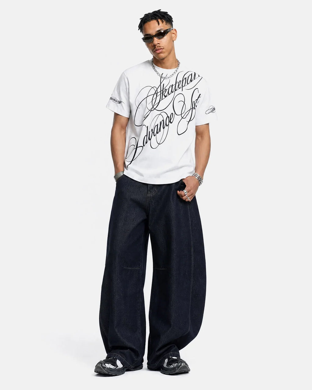 Inflation Streetwear All-Over Script Graphic T-Shirt featuring bold script design and casual fit in vibrant colors.