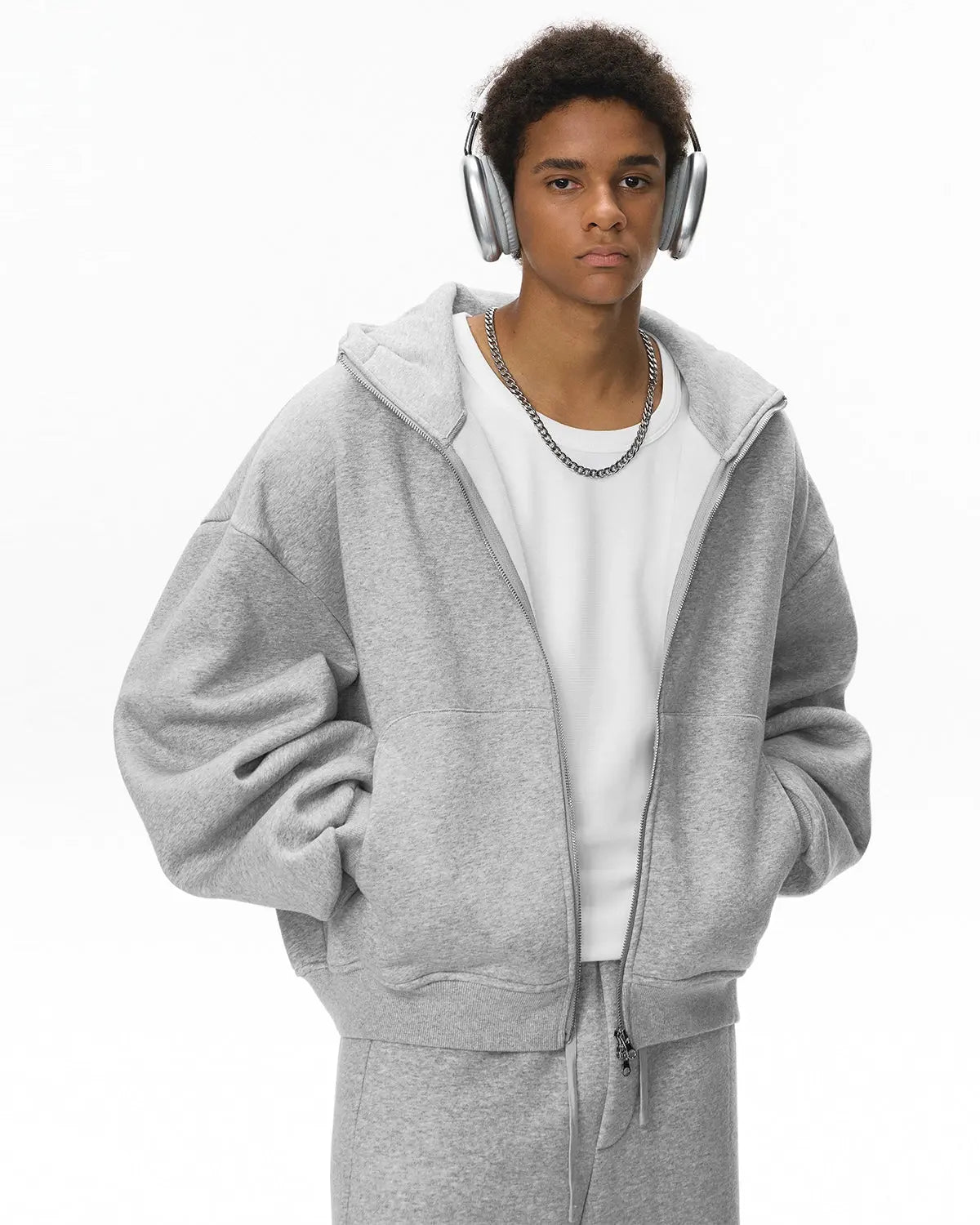 Inflation Streetwear high collar fleece double zip-up hoodie with front pockets and adjustable drawstrings, black color.