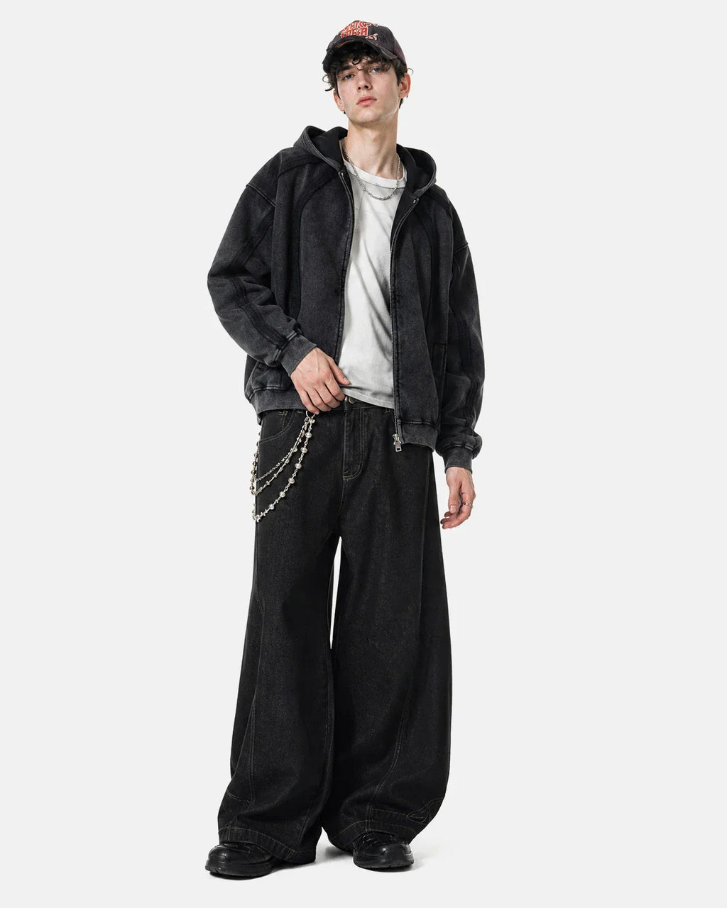 Inflation Streetwear snow washed raw edge boxy zip-up hoodie displayed with front view and visible zipper details.