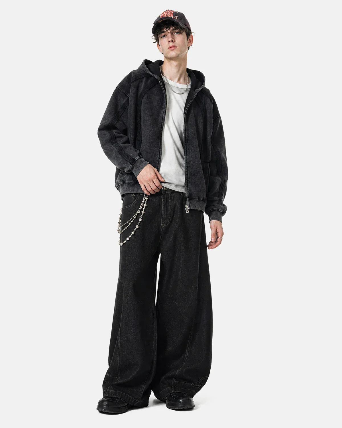 Inflation Streetwear snow washed raw edge boxy zip-up hoodie displayed with front view and visible zipper details.