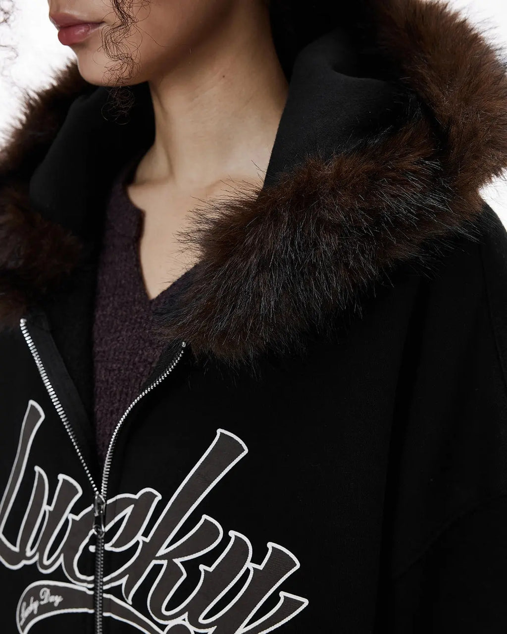 Inflation streetwear faux fur collar zip-up hoodie jacket with a cozy hood and plush fur trim, stylish and warm for casual wear.