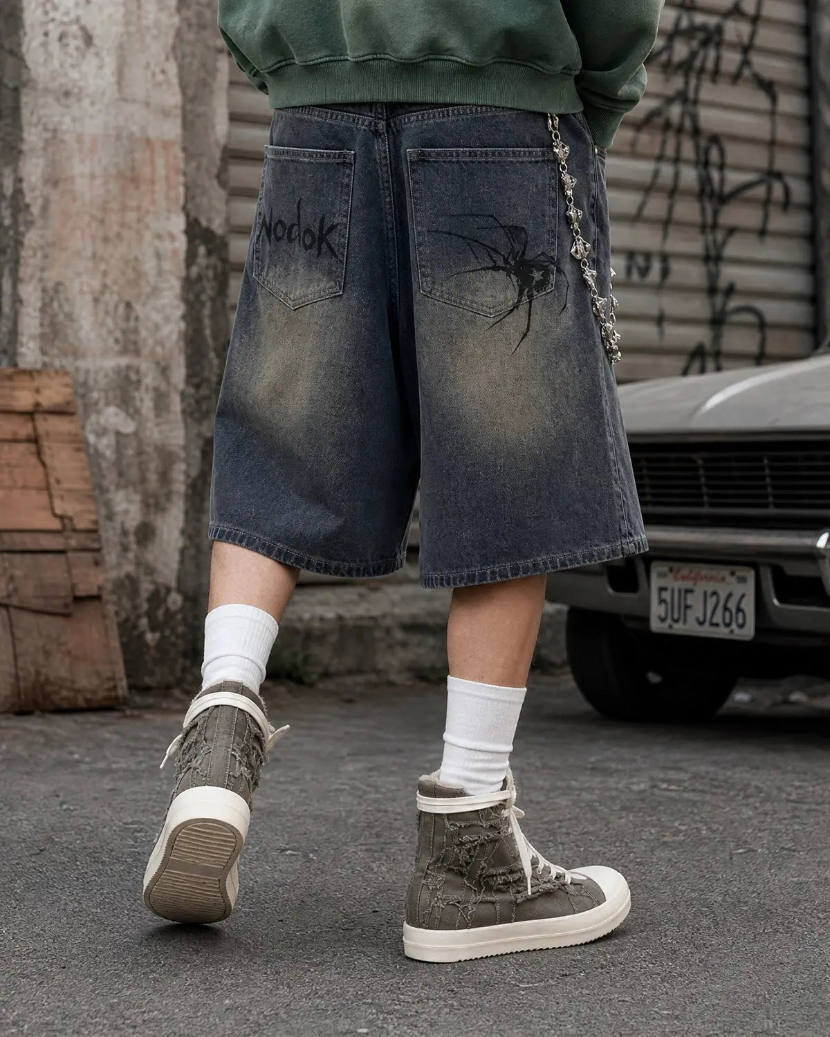 Flation Spider Straight Leg Jorts, stylish denim pants with a relaxed fit and distressed details, perfect for streetwear fashion.