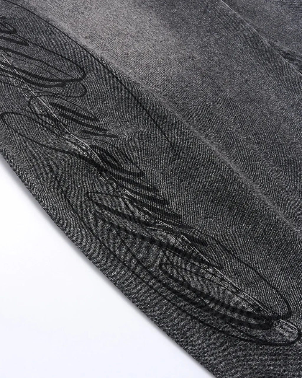 Inflation Script Graphic Washed Barrel Jeans, men's streetwear pants with faded denim and bold script print, casual and stylish.