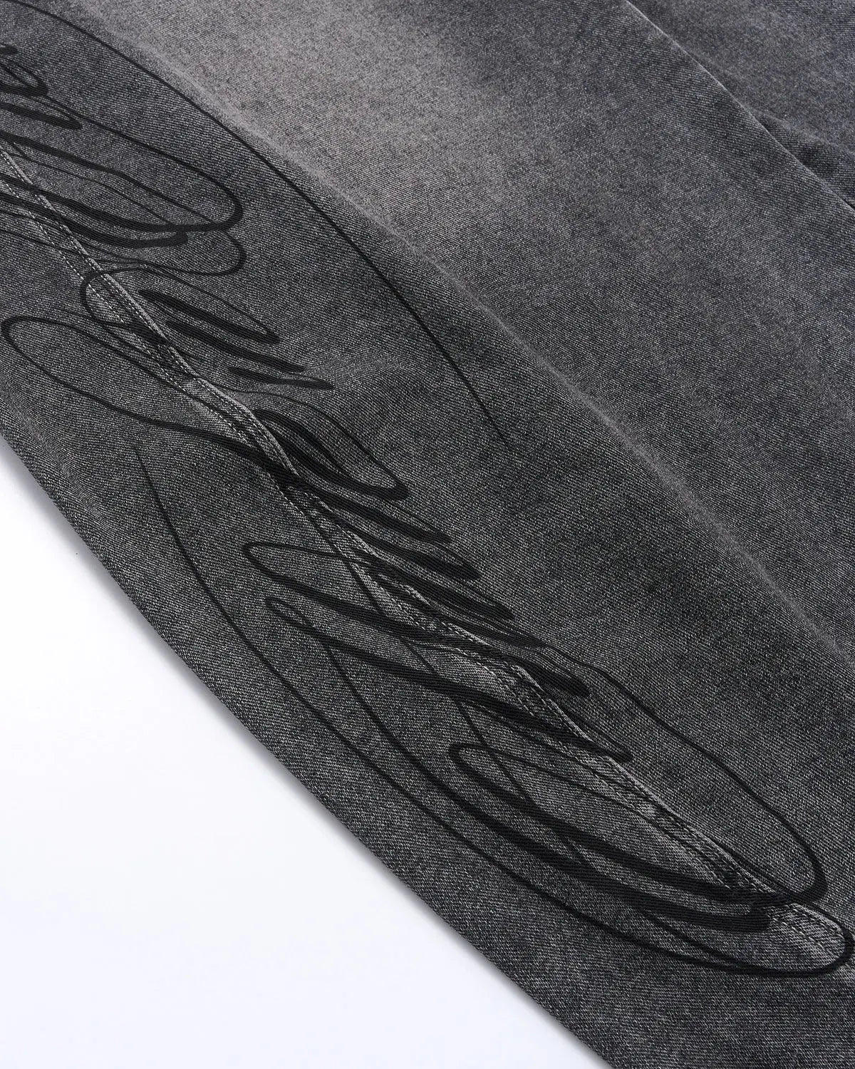 Inflation Script Graphic Washed Barrel Jeans, men's streetwear pants with faded denim and bold script print, casual and stylish.