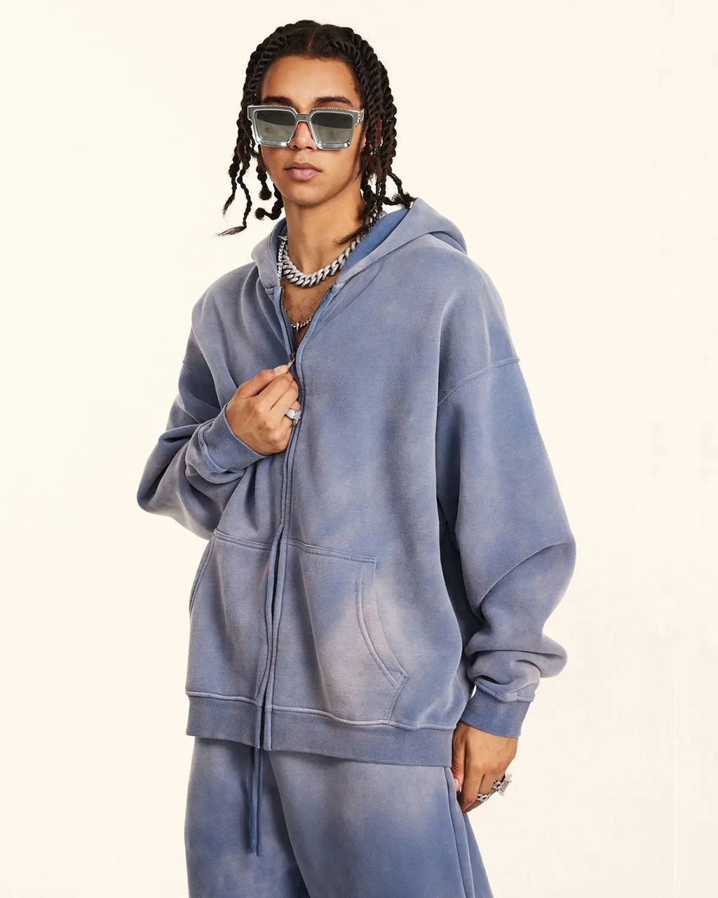 Flation streetwear acid washed zip-up hoodie with a casual fit and front pockets, featuring a trendy distressed design.
