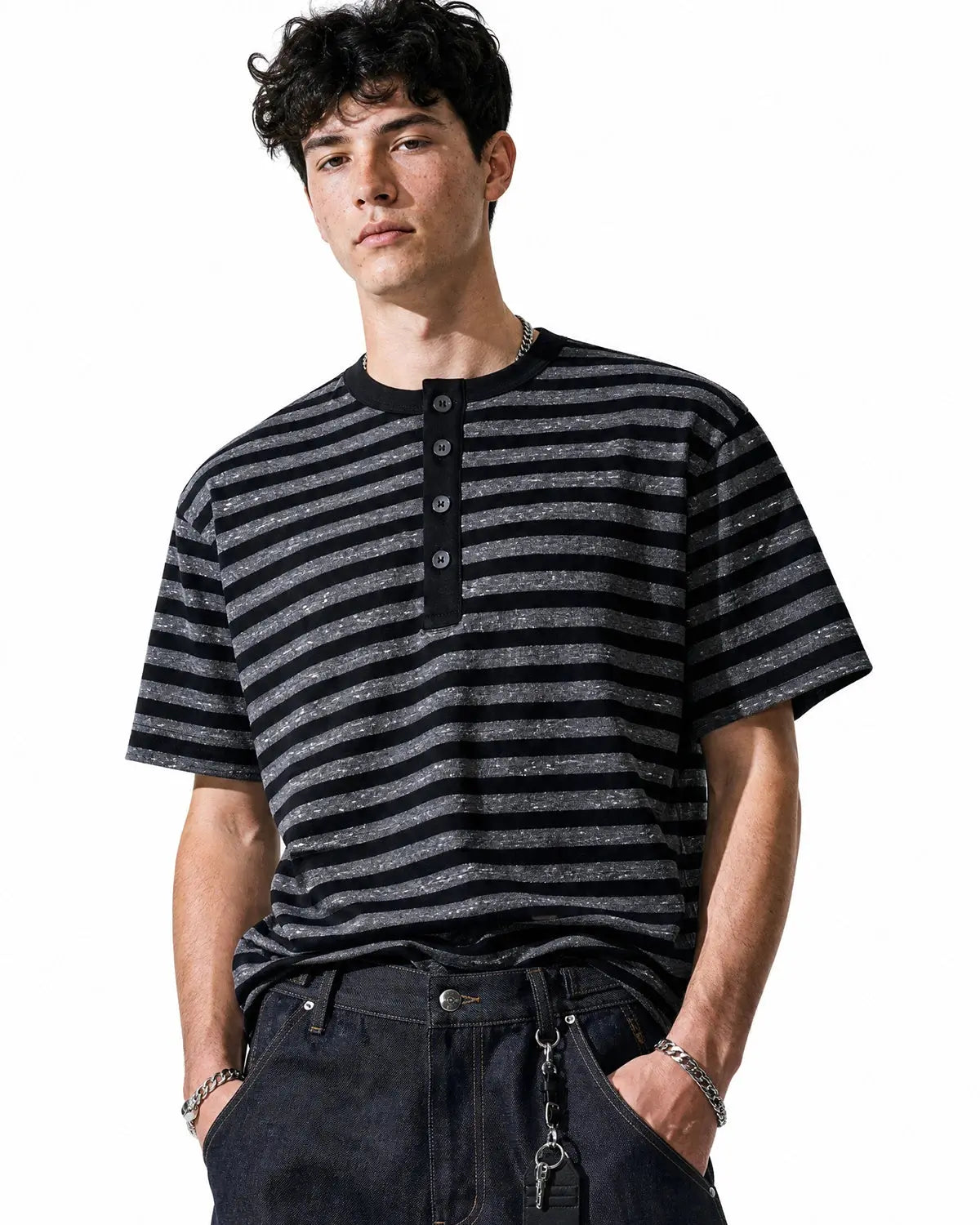 Inflation Streetwear striped Henley relaxed T-shirt in casual style with horizontal stripes and a buttoned neckline.