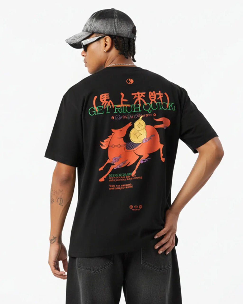 Inflation Streetwear Fortune Incoming T-shirt featuring bold graphic design in black and white, casual fit, and modern street style.