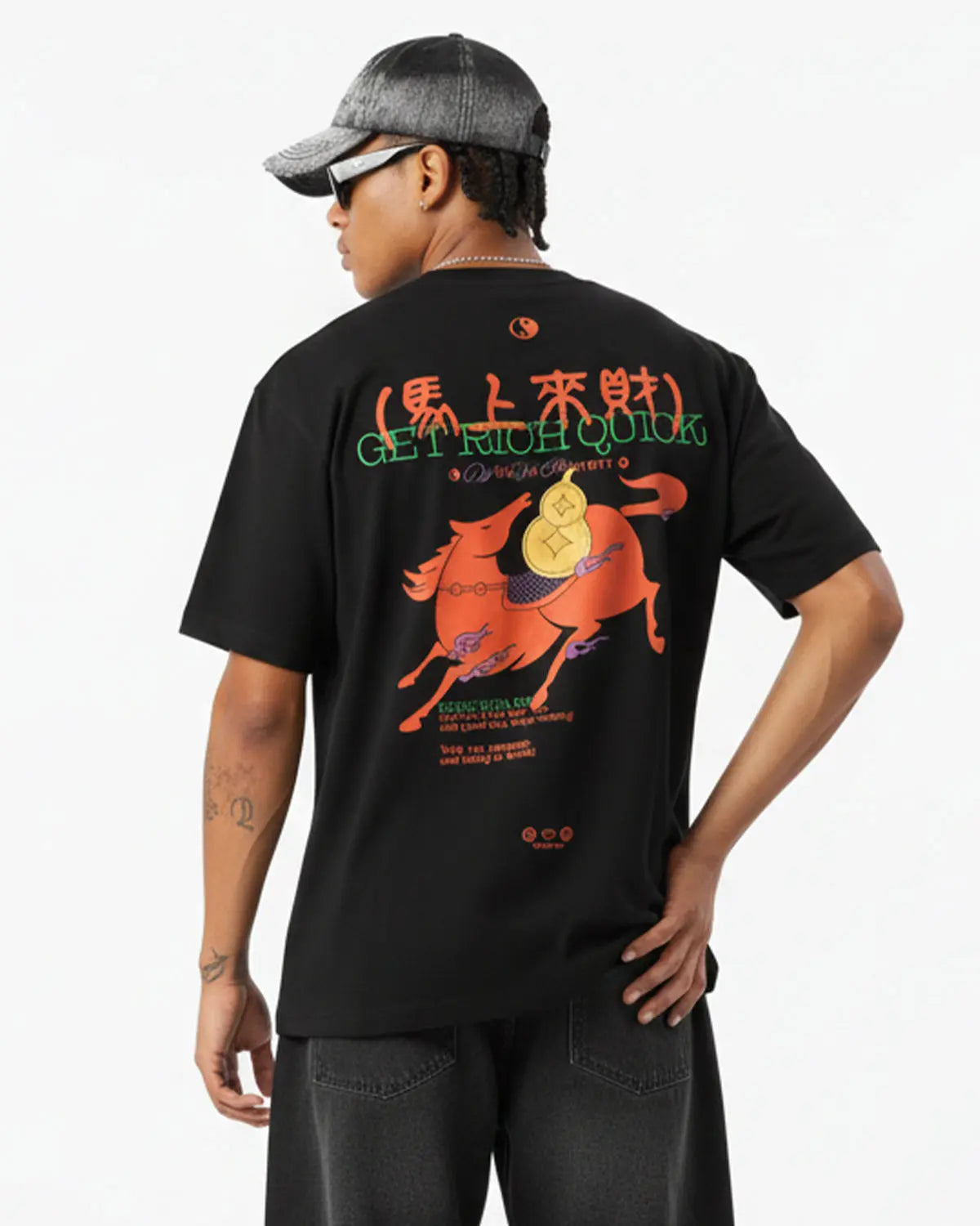 Inflation Streetwear Fortune Incoming T-shirt featuring bold graphic design in black and white, casual fit, and modern street style.