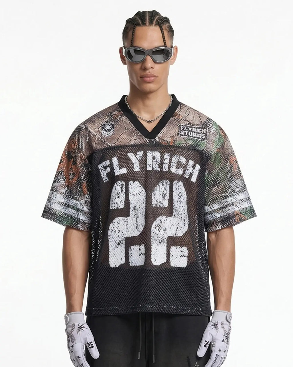 Camo mesh digital print jersey tee by INFLATION Streetwear featuring a camouflage pattern and lightweight fabric.