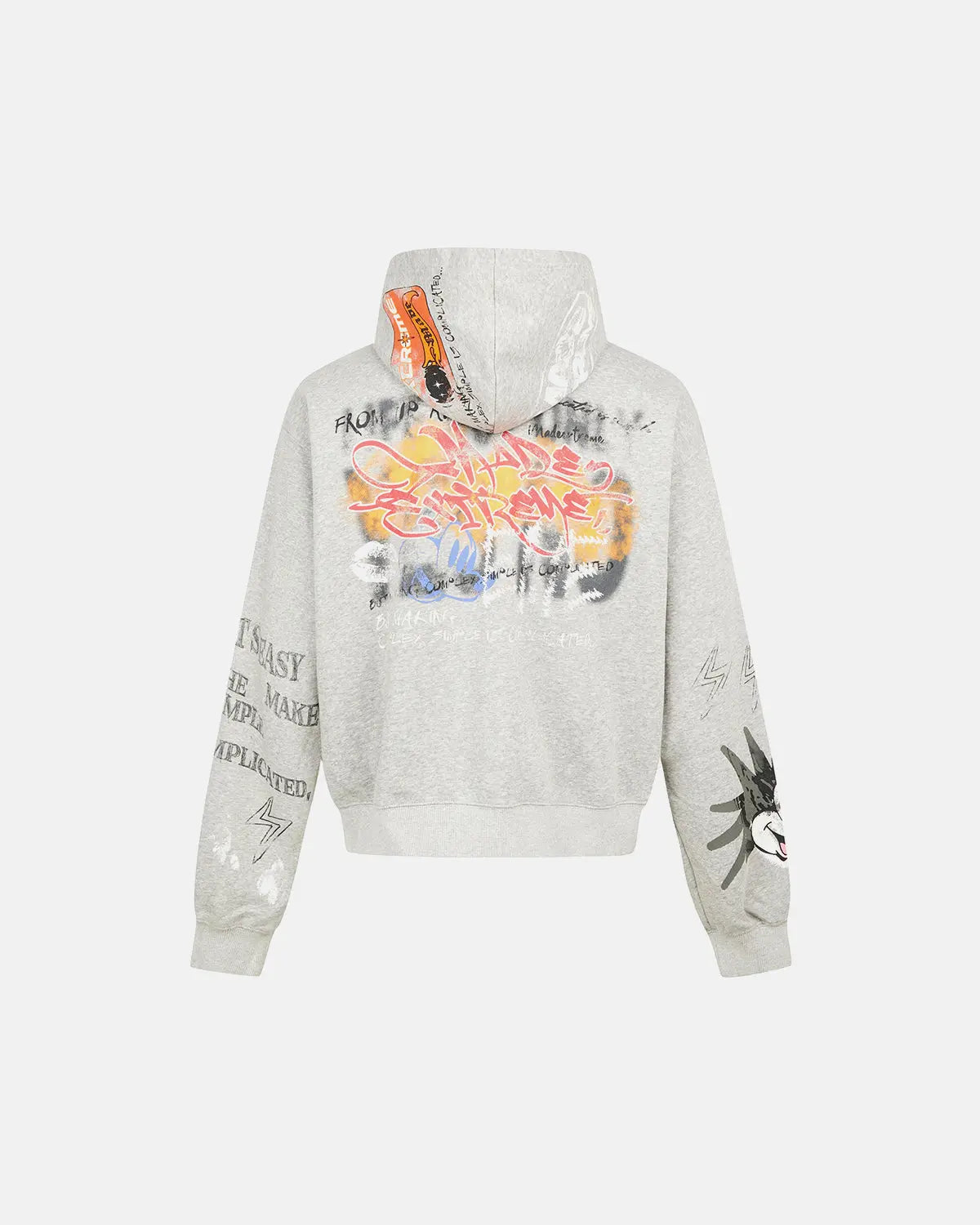 Boxy graffiti zip-up hoodie by INFLATION Streetwear featuring bold graffiti designs and a relaxed fit on a model.