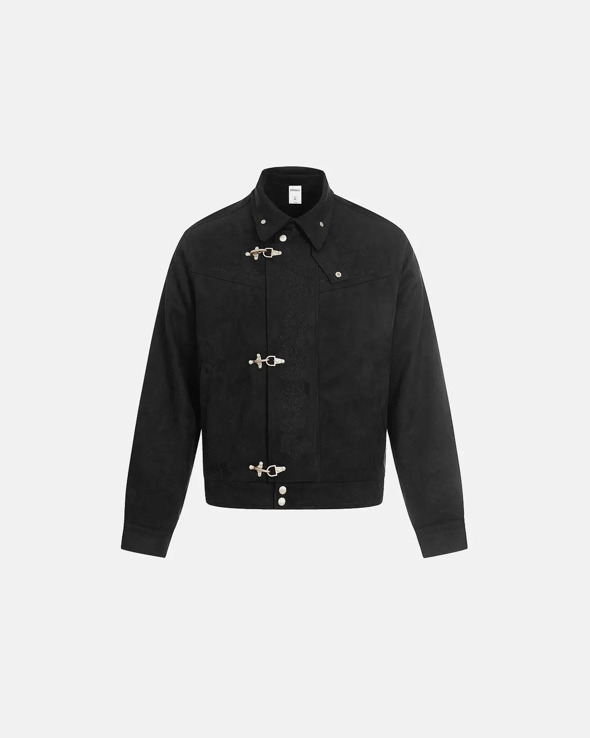 Inflation Streetwear embroidery jacquard cropped clasp jacket featuring intricate woven patterns and a fitted design.