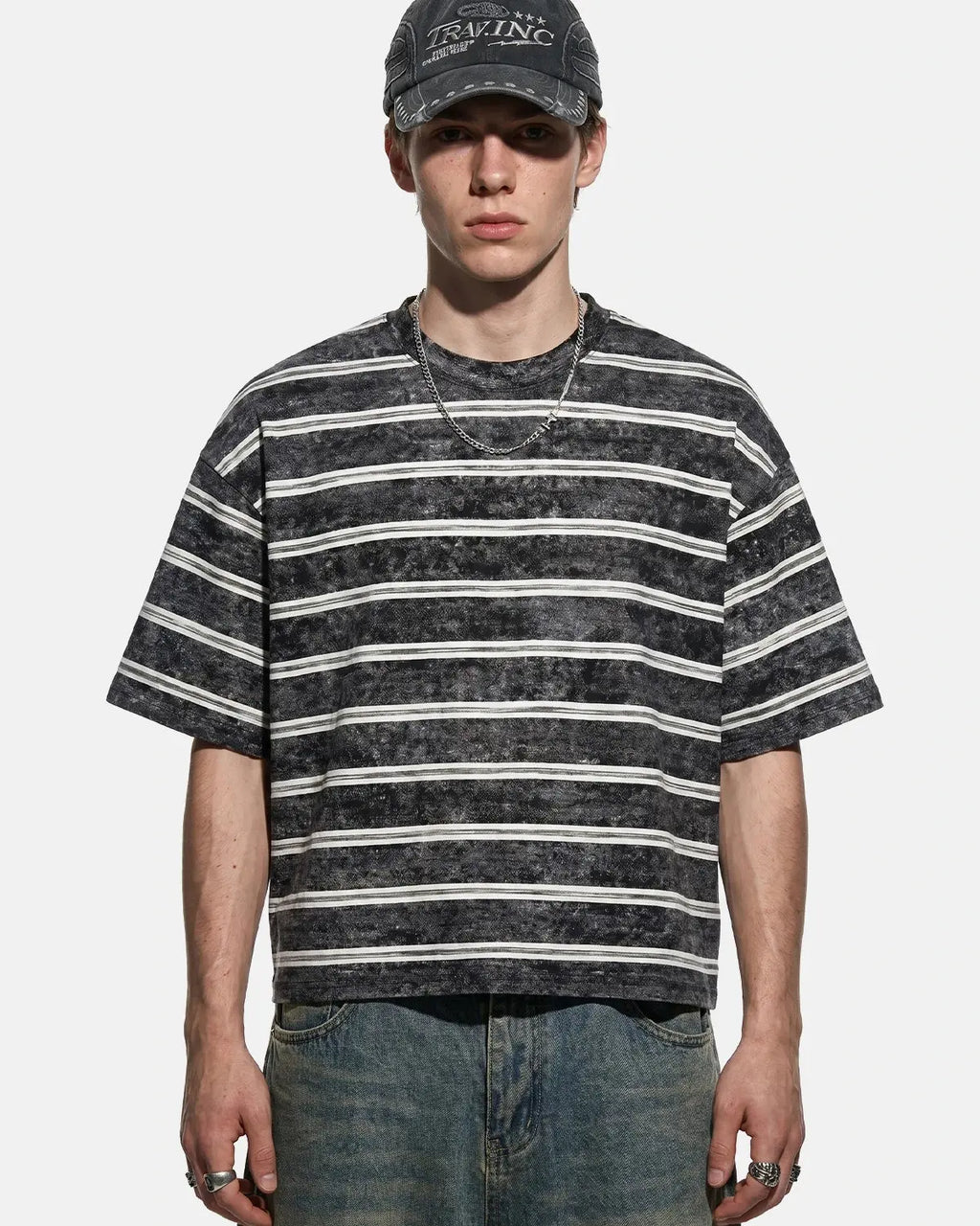 Vintage washed striped boxy T-shirt by INFLATION, casual streetwear shirt with a relaxed fit and retro-inspired design.