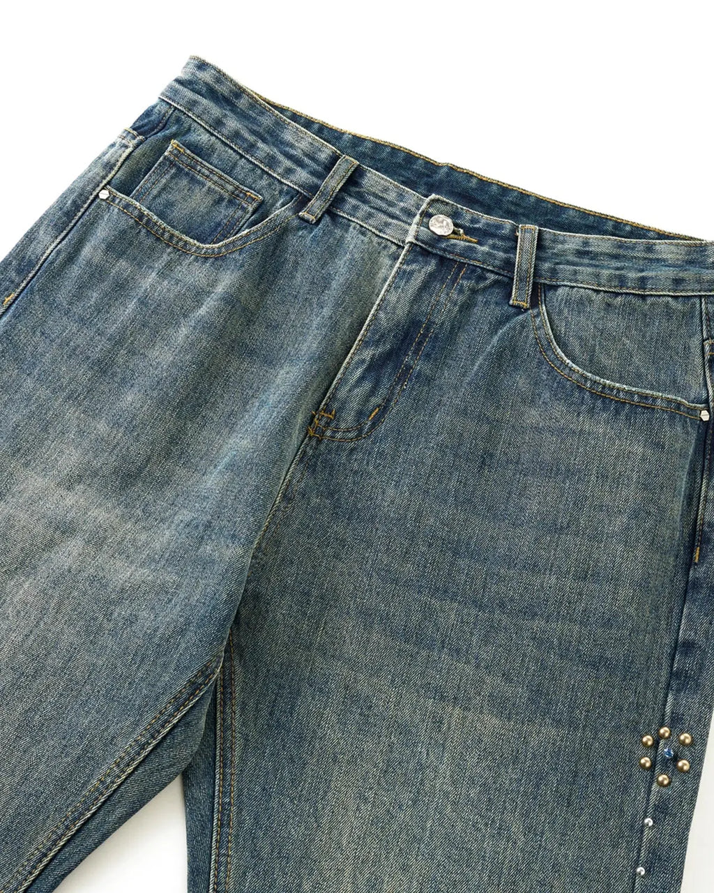 Inflation Acid Wash Beaded Studded Flared Baggy Jeans with distressed details and streetwear style, displayed on a mannequin.