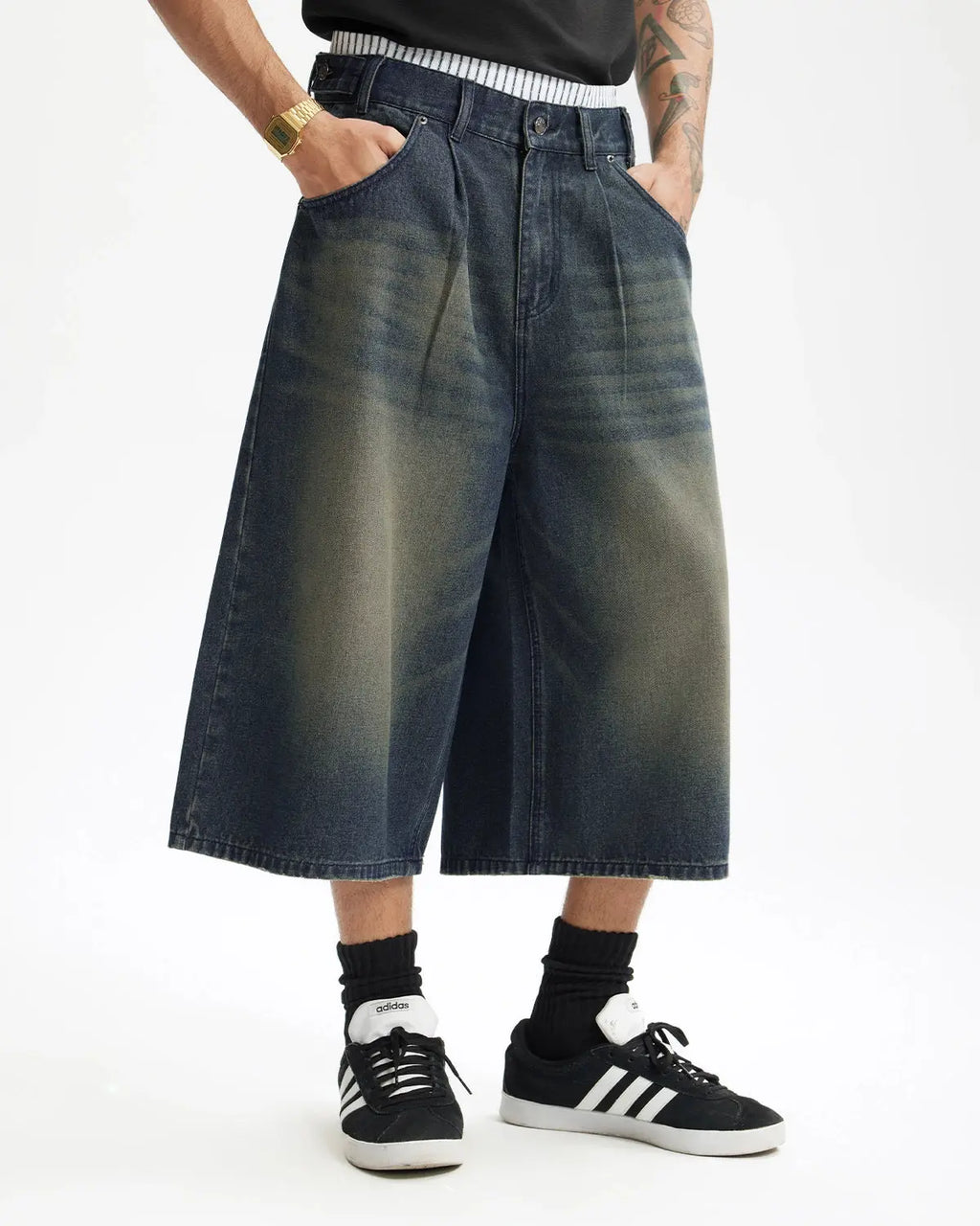 Inflation Double Waist Baggy Jorts, denim-style streetwear shorts with a relaxed fit and multiple pockets.