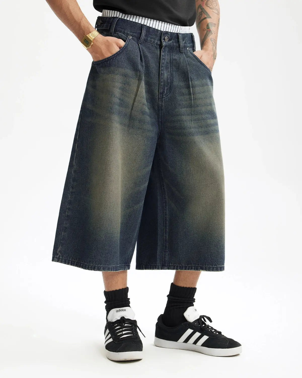 Inflation Double Waist Baggy Jorts, denim-style streetwear shorts with a relaxed fit and multiple pockets.