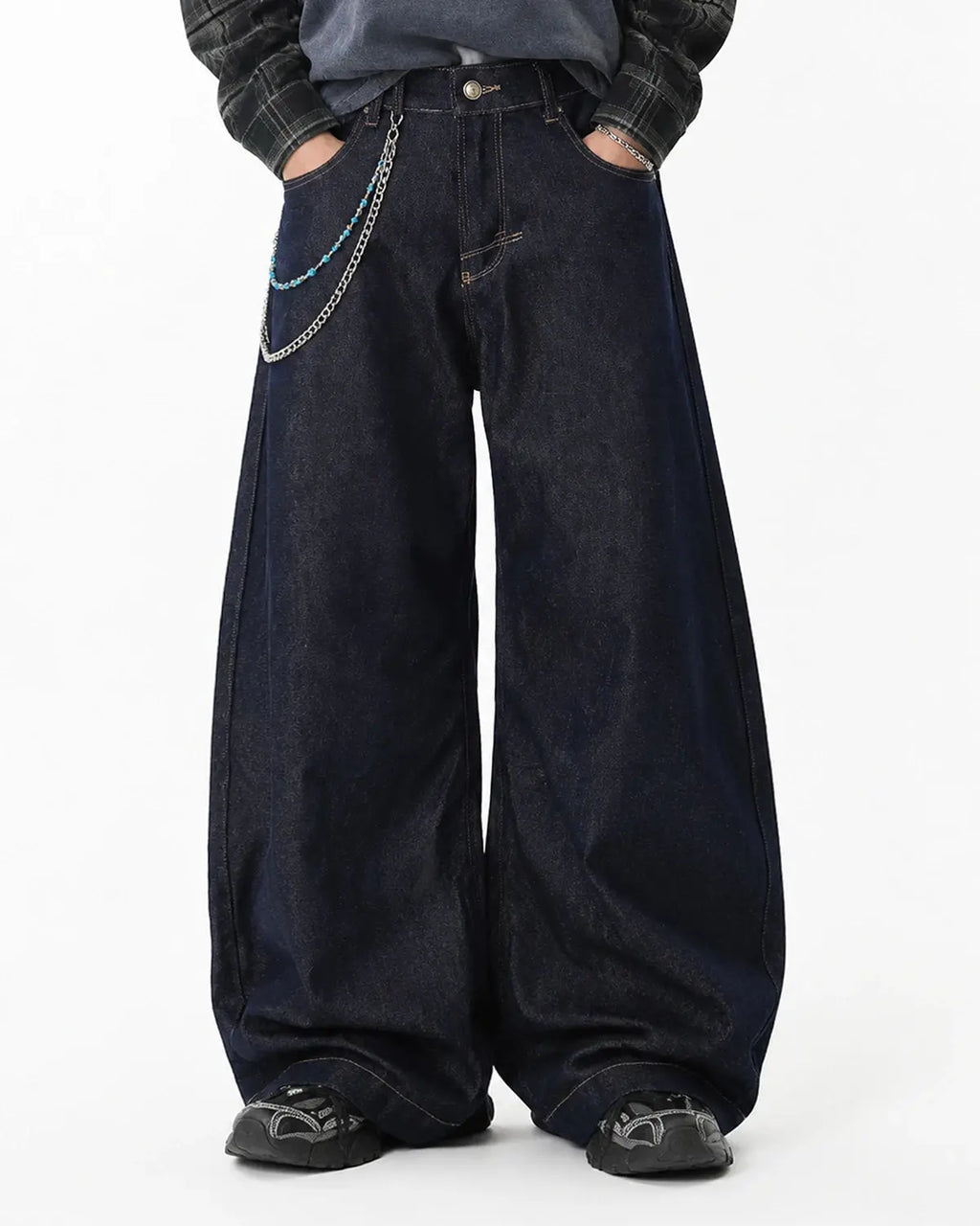 Inflation Raw Wash Barrel Jeans with Cinch Back, showing distressed denim style and adjustable waistband detail.