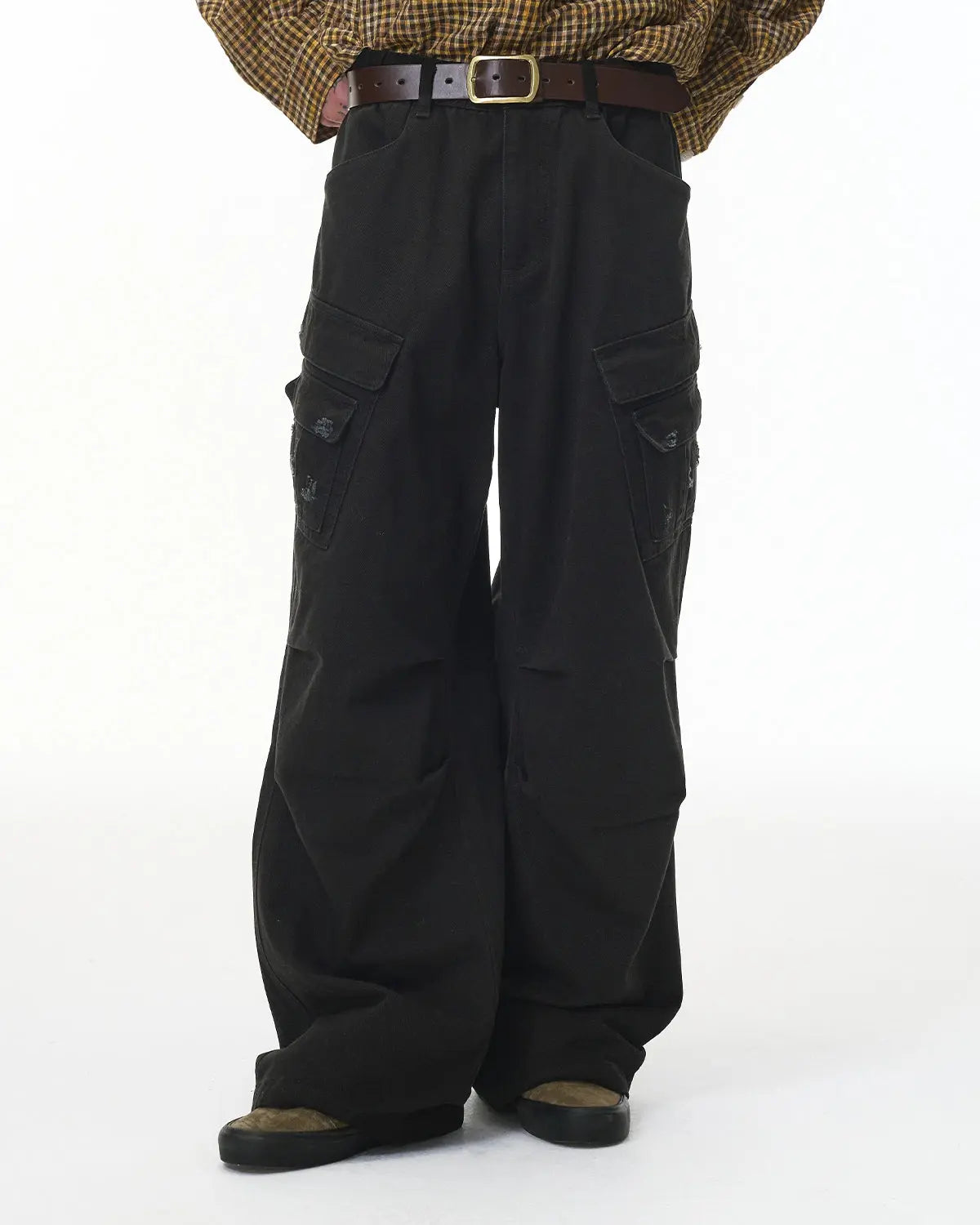 Inflation streetwear Garment Wash Ripped Cargo Pants with distressed details and multiple pockets, casual urban style.