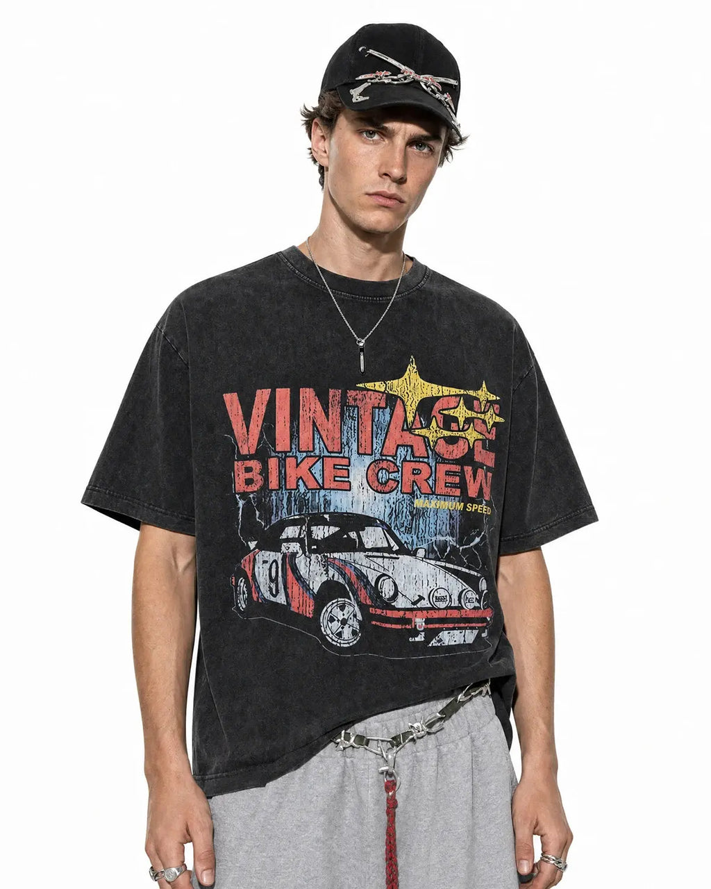 Vintage graphic snow washed T-shirt by INFLATION featuring retro-inspired design and distressed fabric texture.