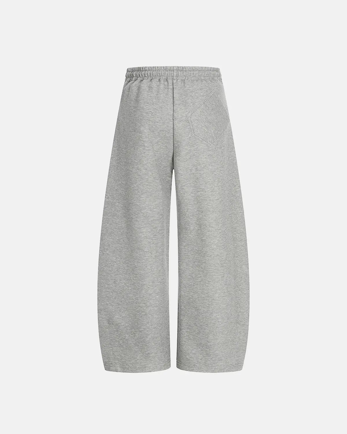 Inflation Streetwear curved wide-leg sweatpants in black fabric, showing relaxed fit and stylish design on a model.