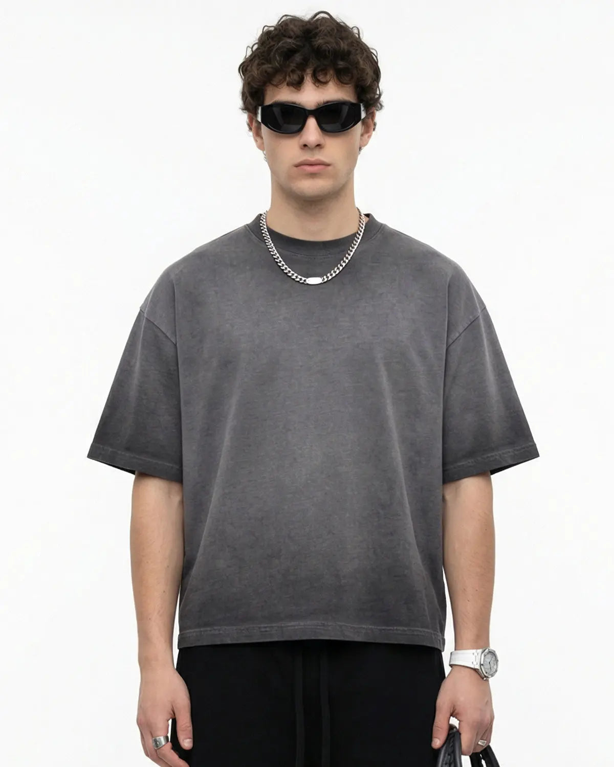 Inflation Streetwear Monkey Washed Dyed Fade Boxy T-Shirt displayed on a model, showcasing its unique washed and dyed design.