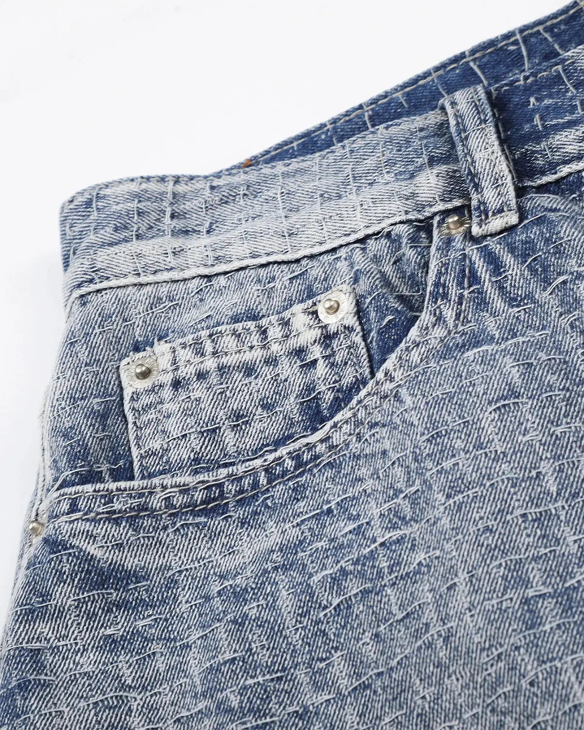 Inflation Streetwear Grid Texture Baggy Jorts with oversized fit and distressed denim details, casual streetwear style.