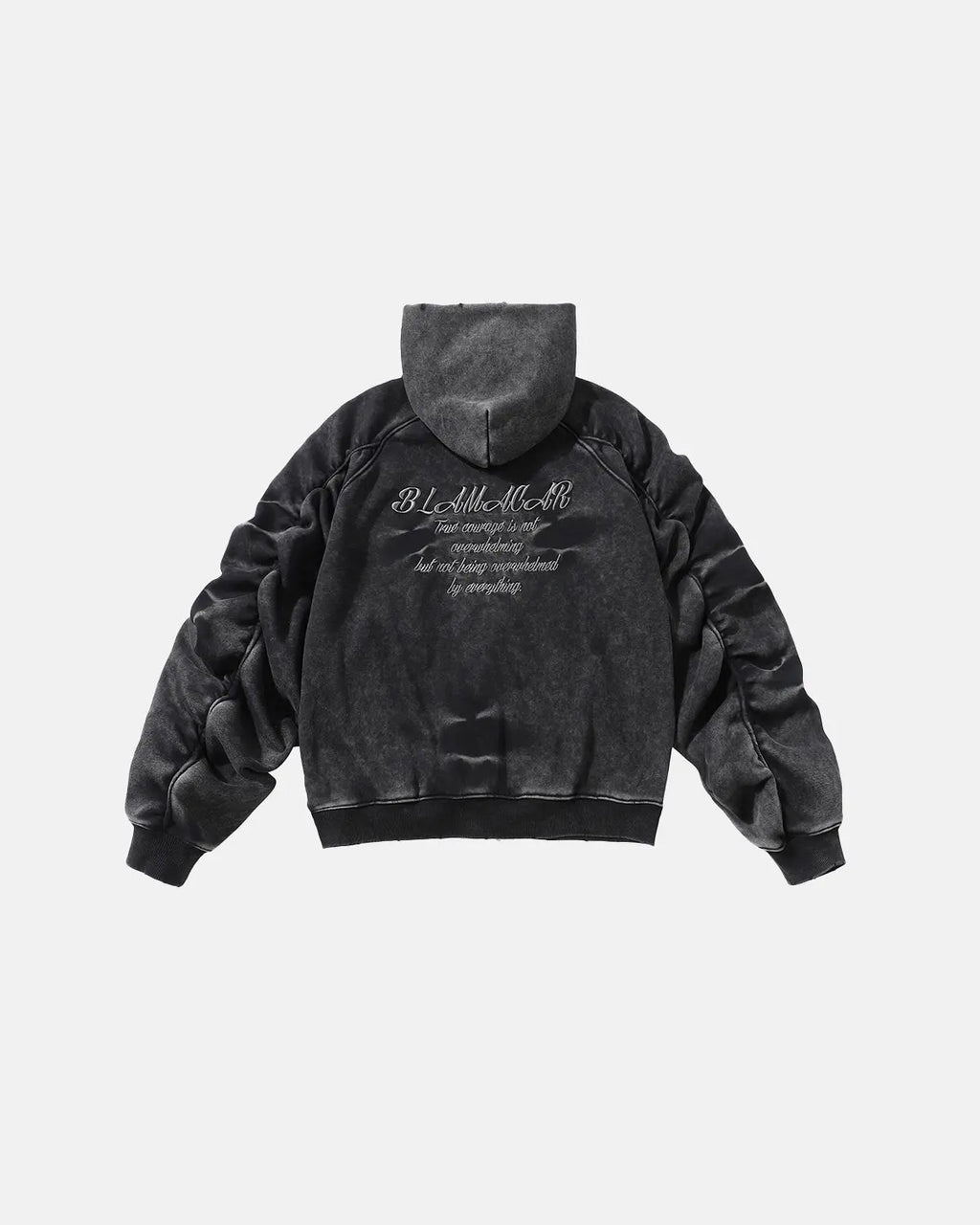 Acid washed embroidery zip-up hoodie by INFLATION featuring a distressed look, embroidered details, and a front zipper pocket.