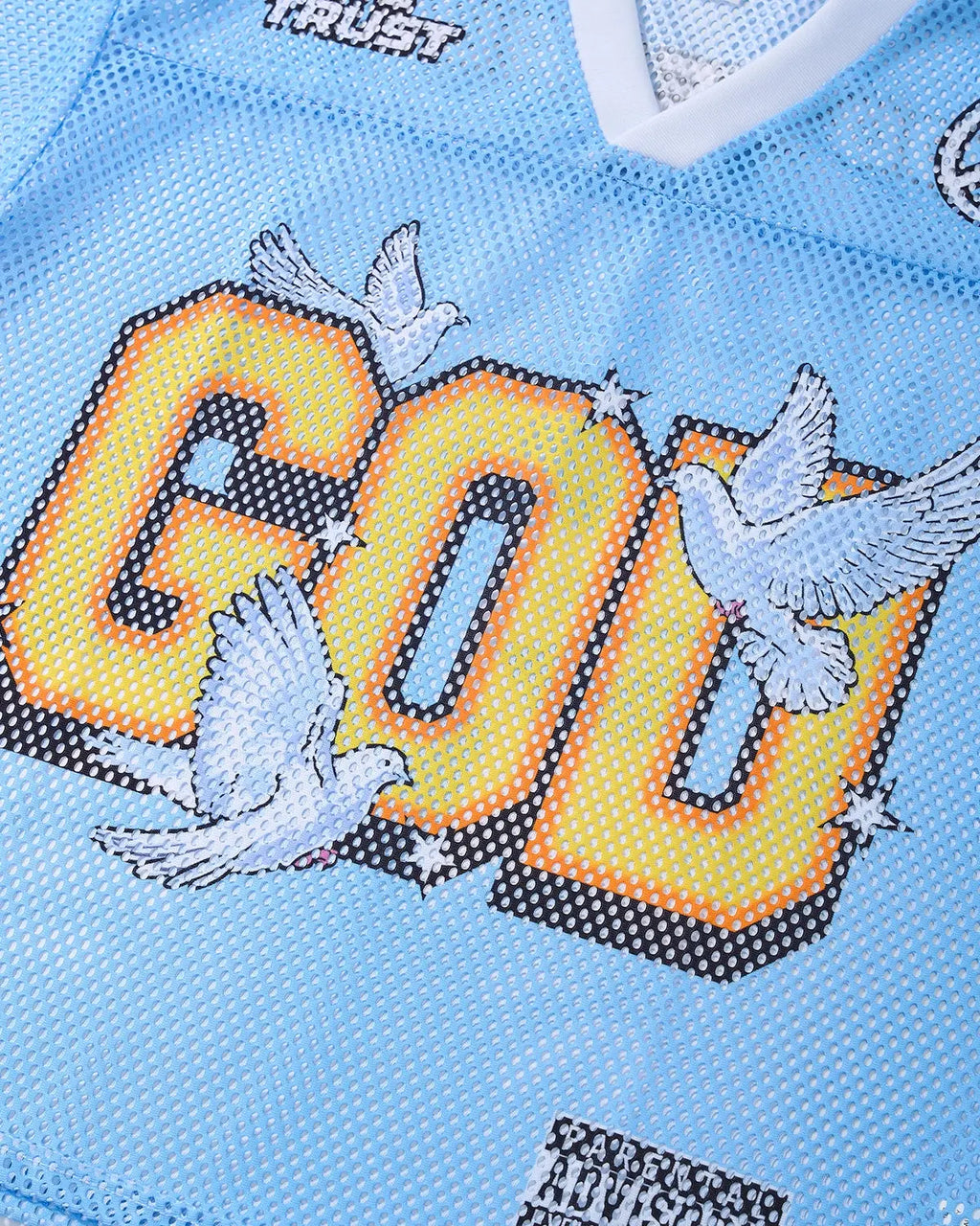 Dove Graphic Mesh Football Jersey by INFLATION featuring bold graphic print and lightweight mesh fabric for streetwear style