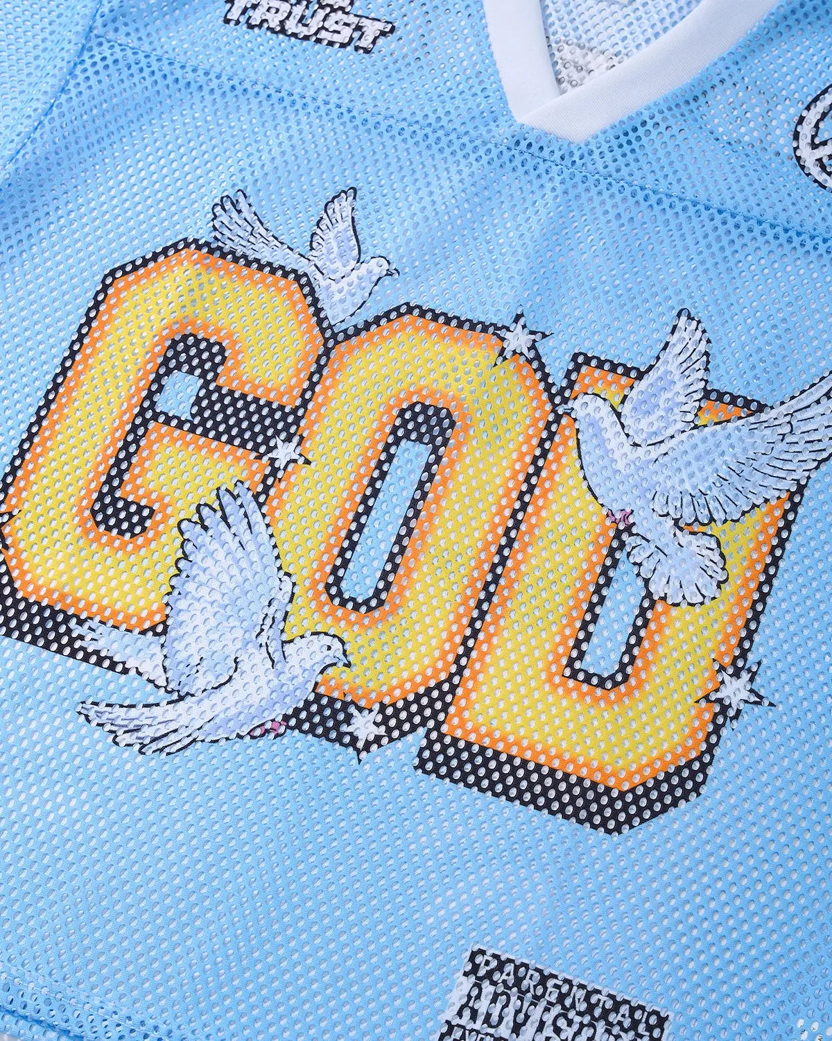 Dove Graphic Mesh Football Jersey by INFLATION featuring bold graphic print and lightweight mesh fabric for streetwear style