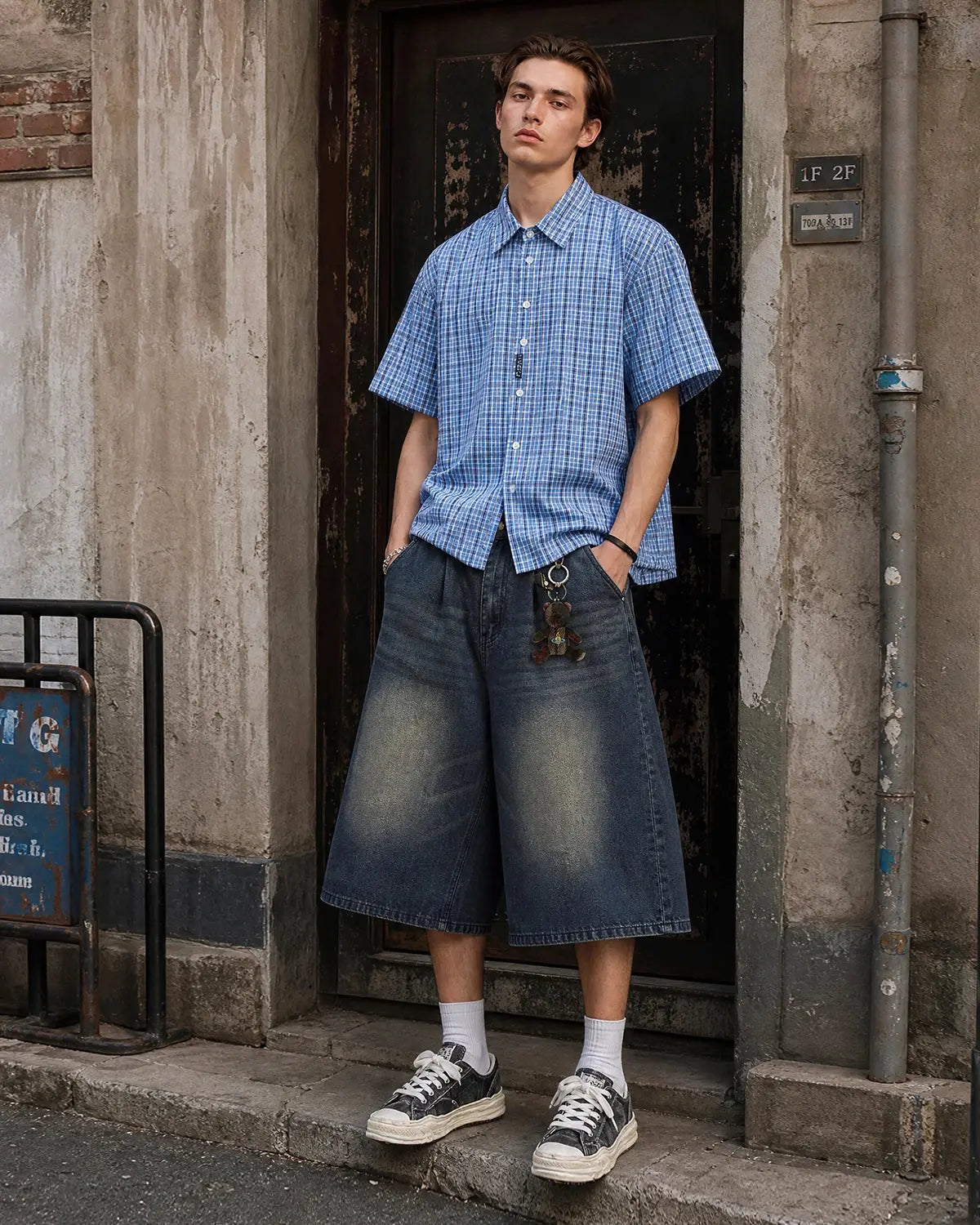Inflation Double Waist Baggy Jorts in denim with wide leg fit, featuring distressed details and casual streetwear style.