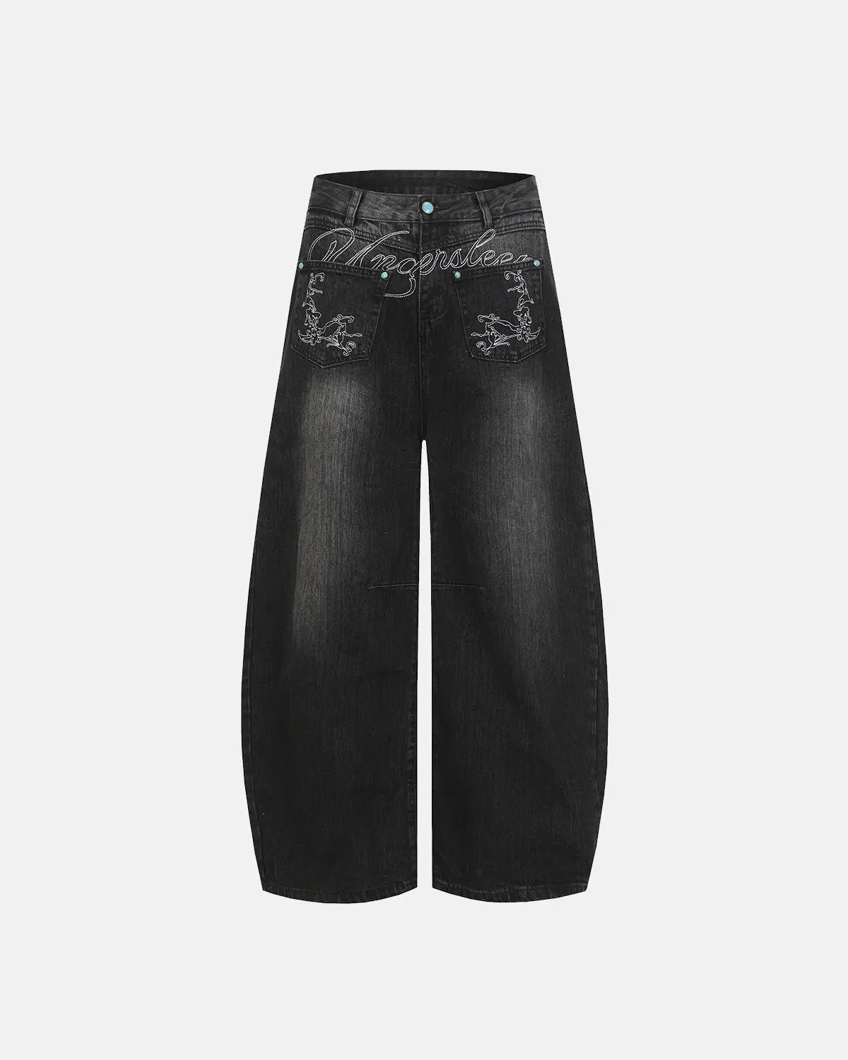 Inflation branded graphic embroidered washed barrel jeans, men's casual pants with colorful embroidery and distressed denim details.