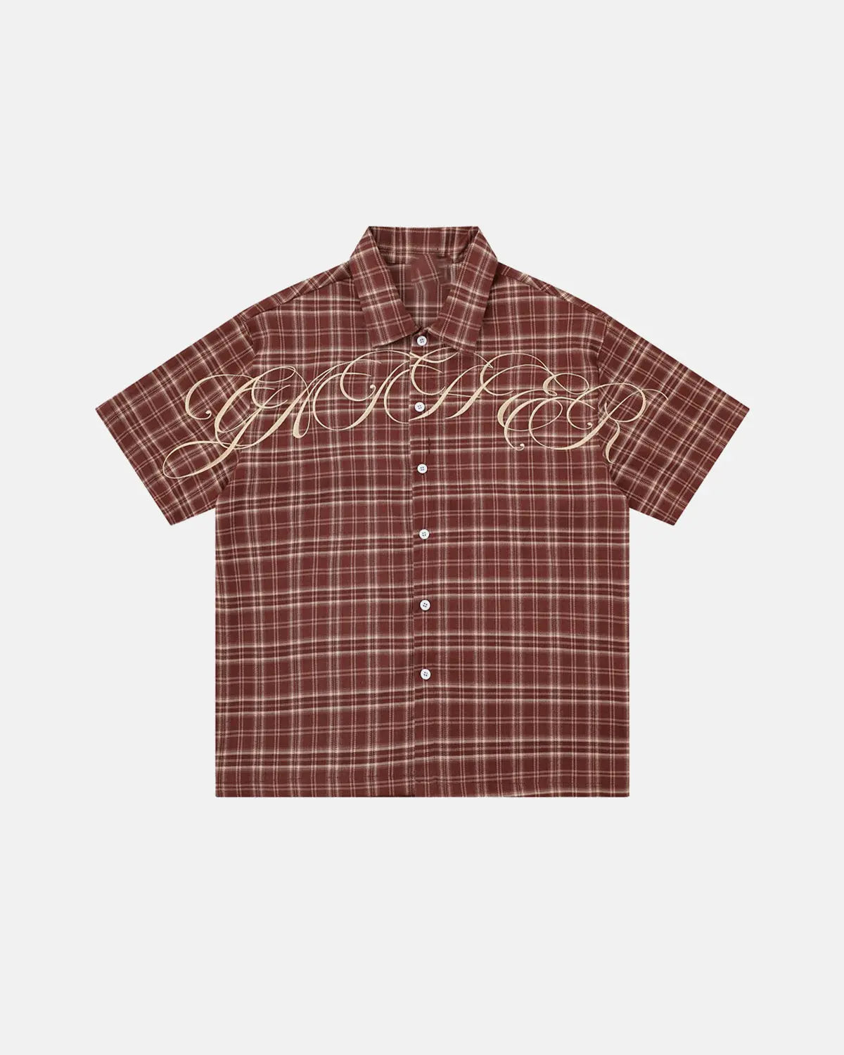 Inflation Streetwear Lettering Embroidery plaid shirt featuring bold lettering and classic plaid pattern, casual streetwear style.