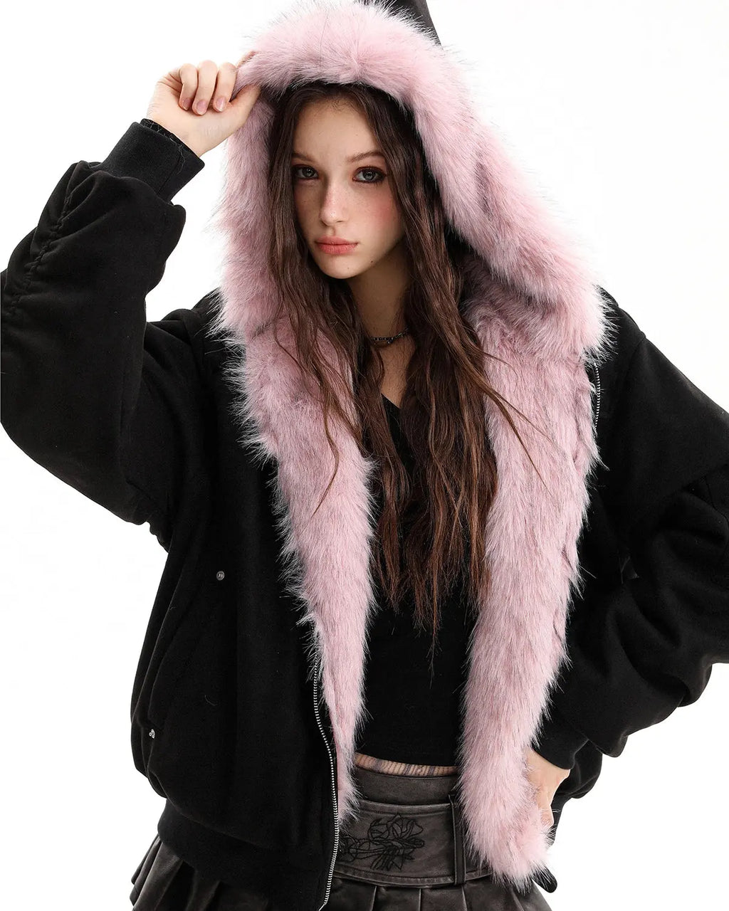Reversible faux fur hooded jacket by INFLATION, showcasing soft fur lining and stylish streetwear design.