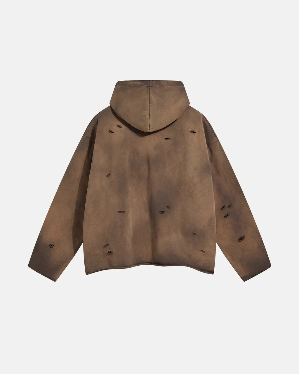 Inflation streetwear acid wash ripped boxy hoodie with distressed details and relaxed fit, displayed on a hanger.