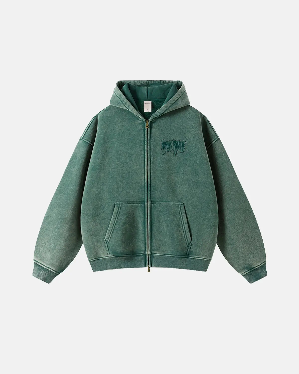 Gothic acid wash zip-up hoodie by Flation Streetwear, featuring a distressed black design and front zipper closure.