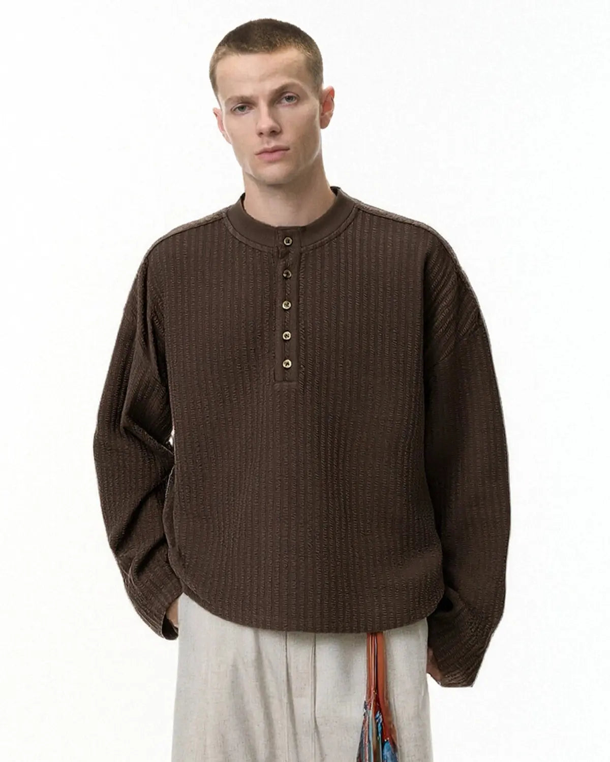 Inflation Streetwear Old Money style henley long sleeve t-shirt, casual men's tee with buttoned neckline and comfortable fit.